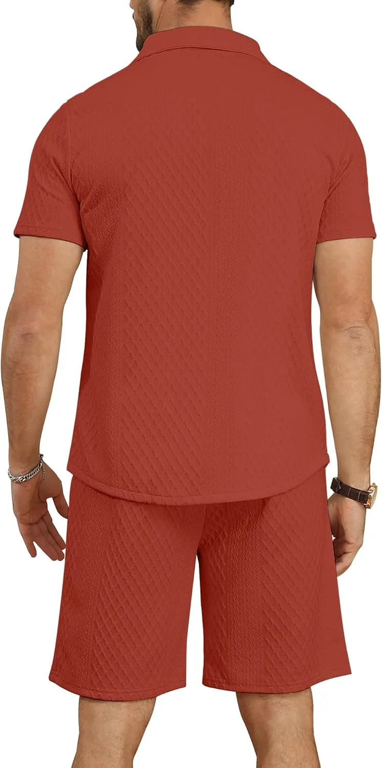MLANM Men's 2 Piece Outfit Summer Short Sleeve Button Down Shirts and Shorts Sets with Pockets