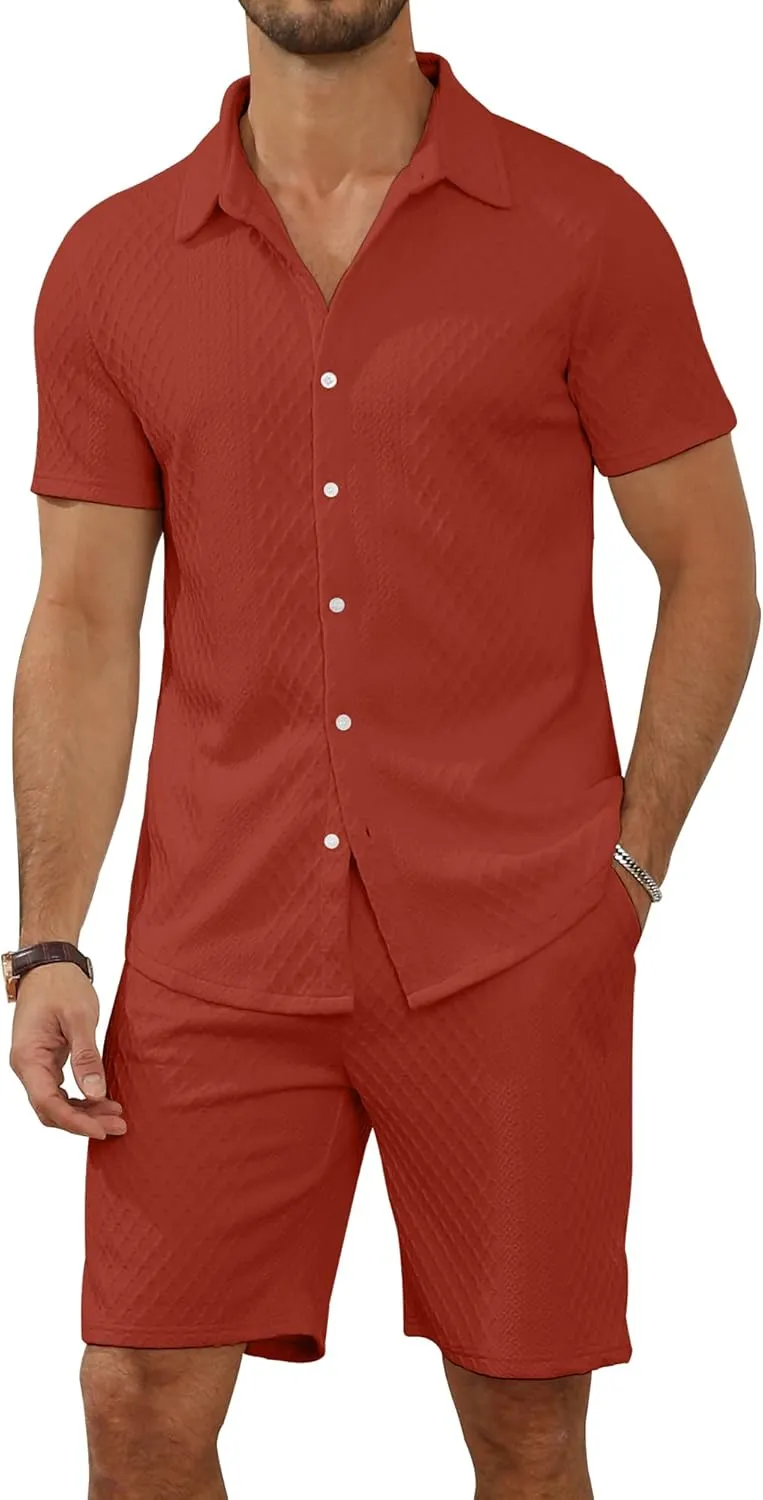 MLANM Men's 2 Piece Outfit Summer Short Sleeve Button Down Shirts and Shorts Sets with Pockets