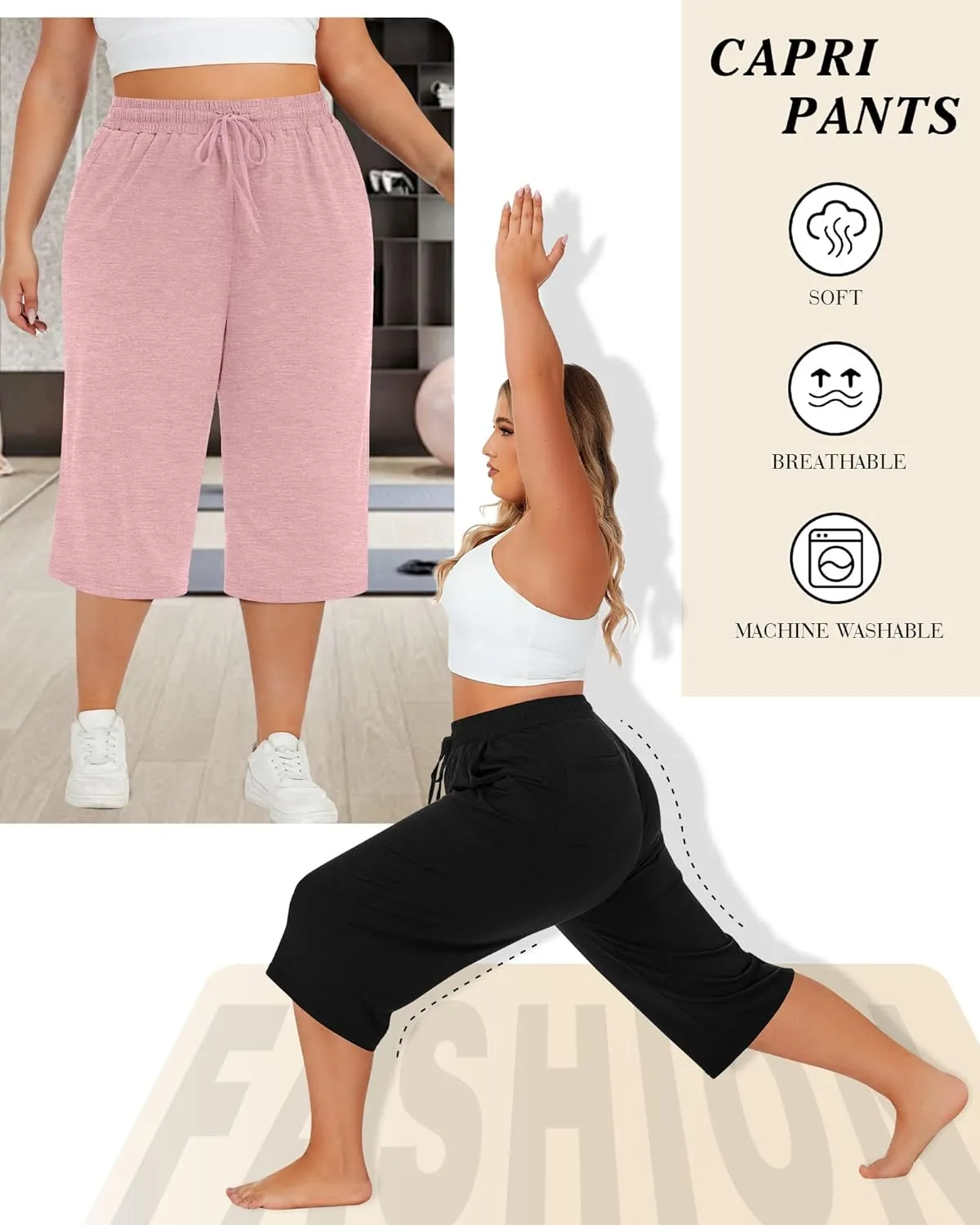 Neer 3 Pack Women's Plus Size Cotton Capris, Stretchy Wide Leg Cropped Pants with Pockets Fit Loose Lounge Pajama Sweatpants