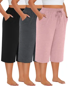 Neer 3 Pack Women's Plus Size Cotton Capris, Stretchy Wide Leg Cropped Pants with Pockets Fit Loose Lounge Pajama Sweatpants