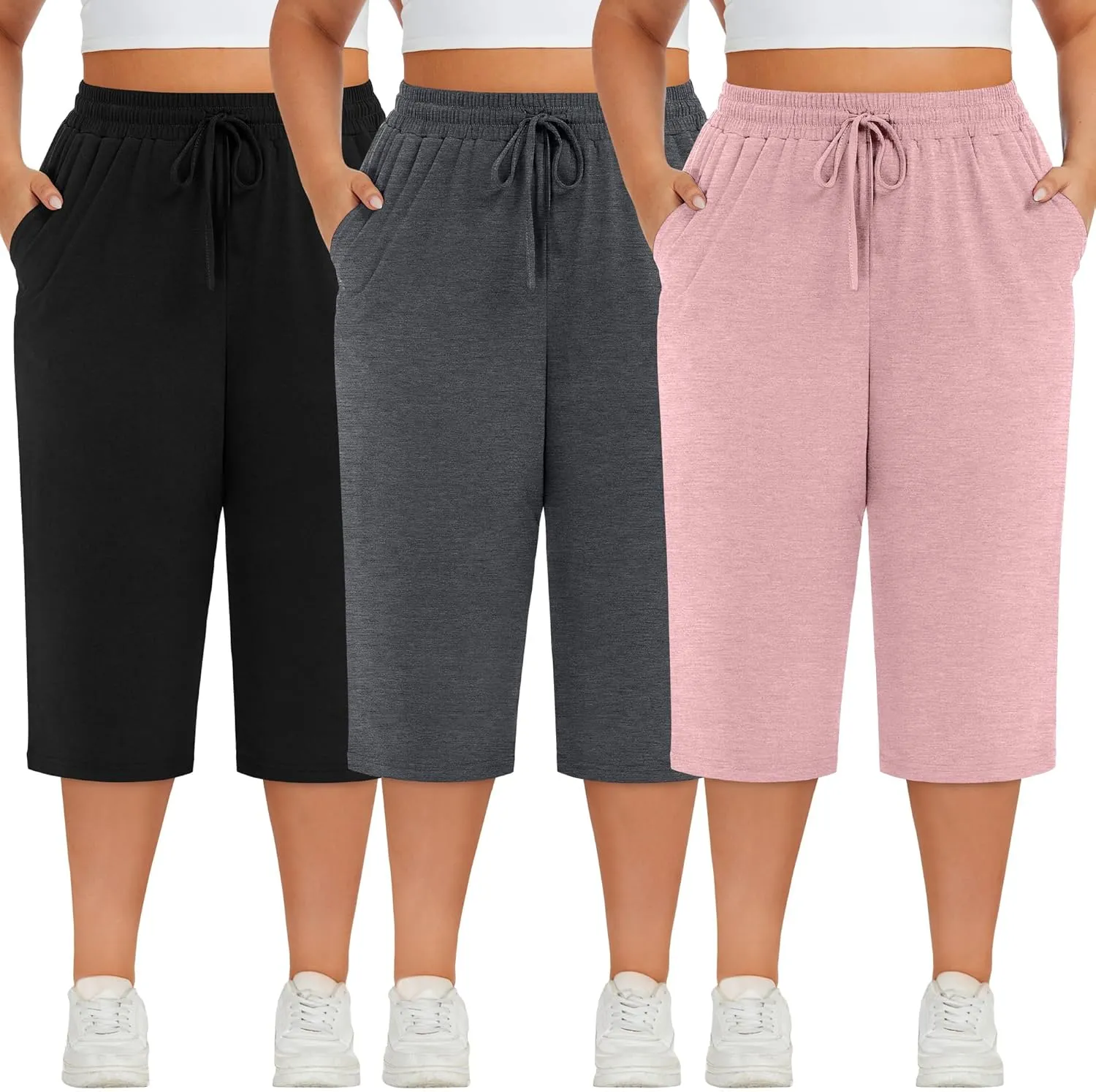 Neer 3 Pack Women's Plus Size Cotton Capris, Stretchy Wide Leg Cropped Pants with Pockets Fit Loose Lounge Pajama Sweatpants