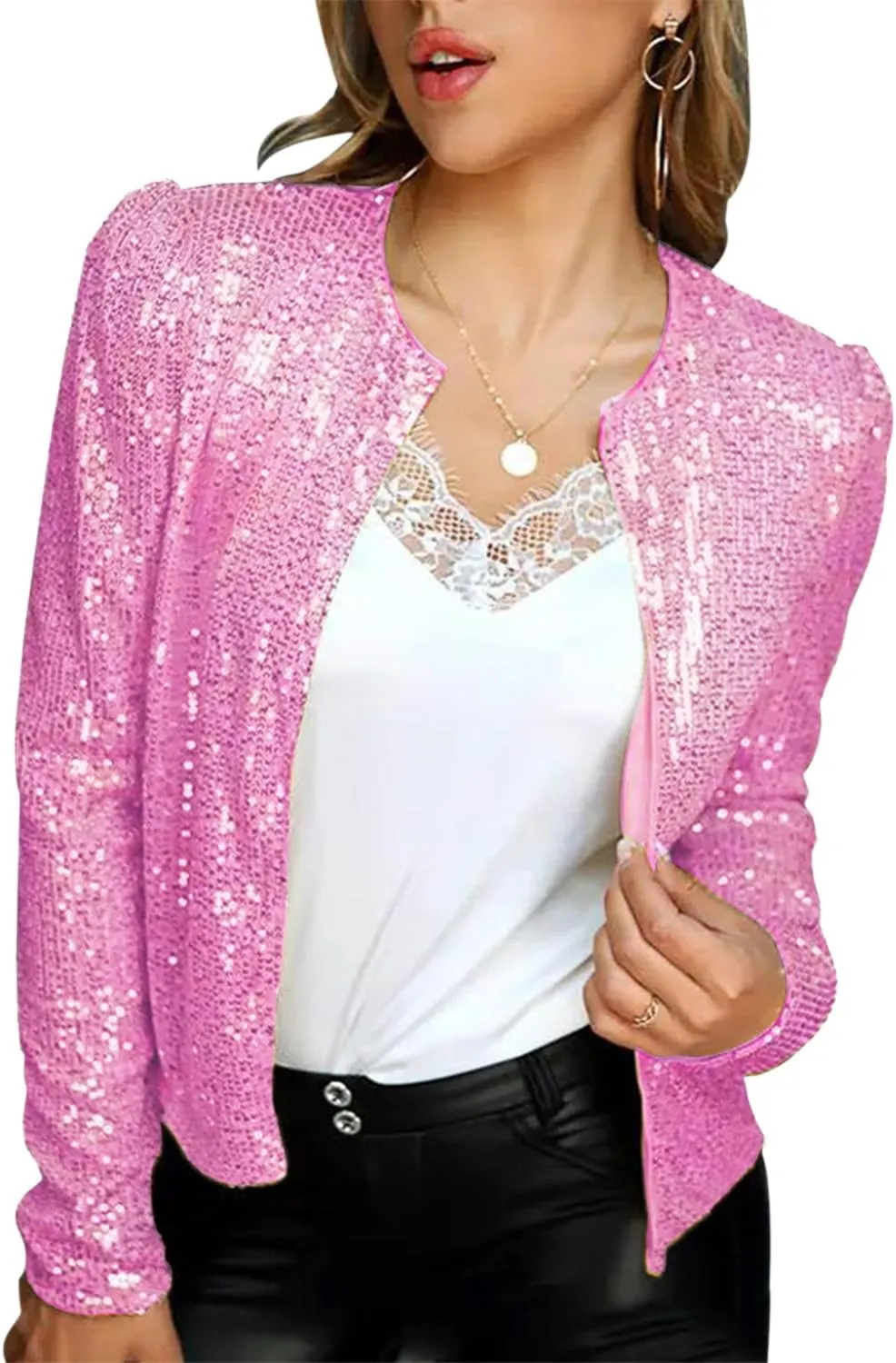 nqgsntc Women Sequin Blazer Open Front Jacket Party Christmas Puff Sleeve Sparkly Coats