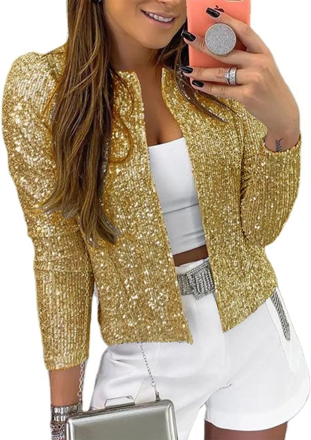 nqgsntc Women Sequin Blazer Open Front Jacket Party Christmas Puff Sleeve Sparkly Coats