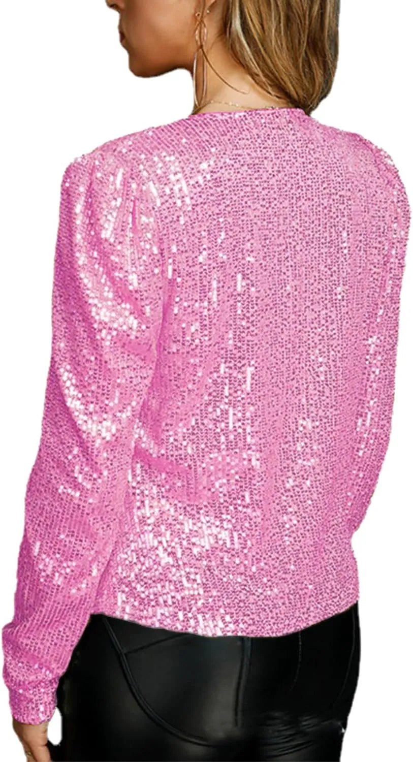 nqgsntc Women Sequin Blazer Open Front Jacket Party Christmas Puff Sleeve Sparkly Coats