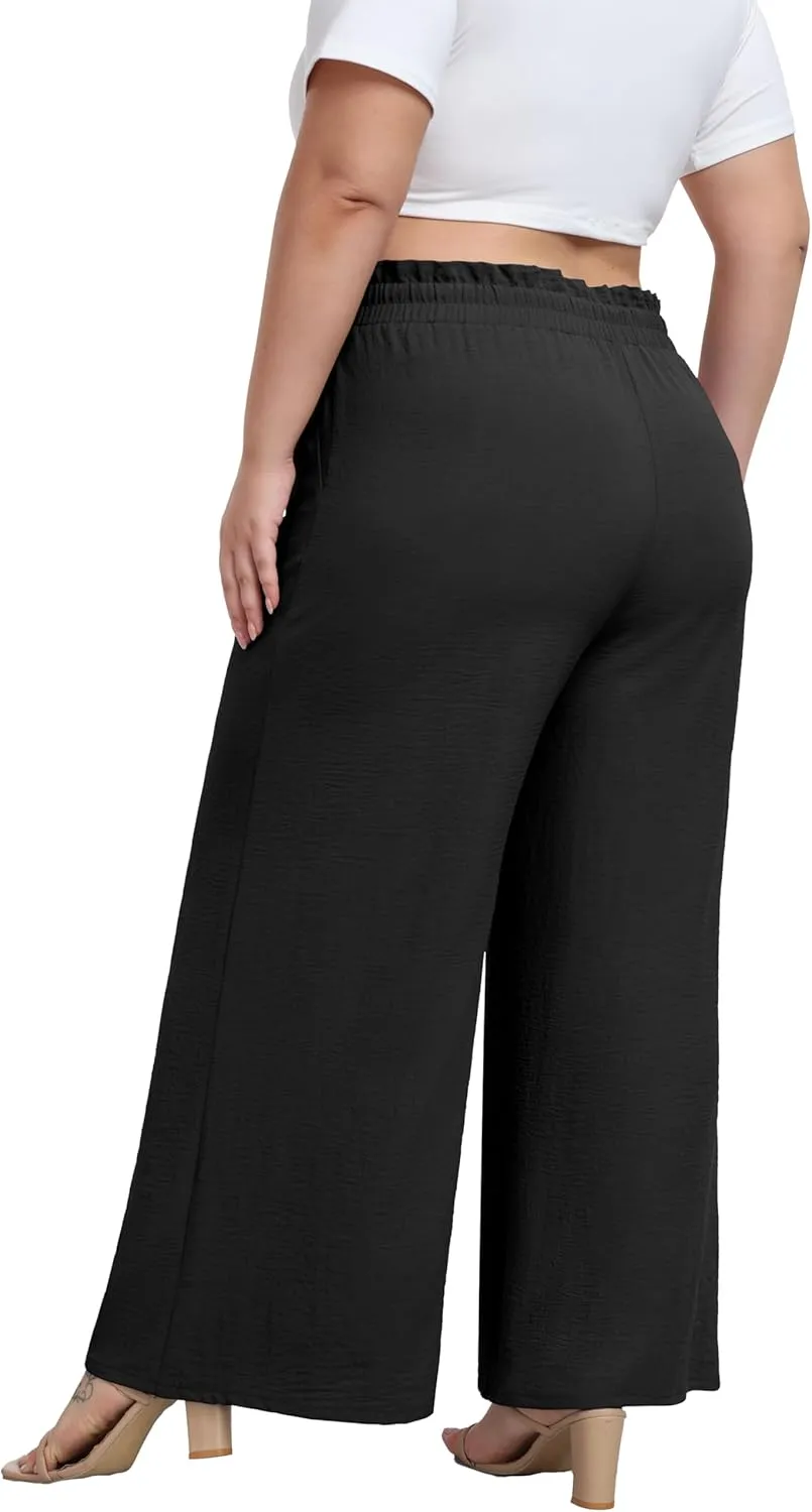 OLRIK Women's Plus Size Pants Self-Tie Belted High Waisted Wide Leg Pants Long Straight Palazzo Trousers with Pockets