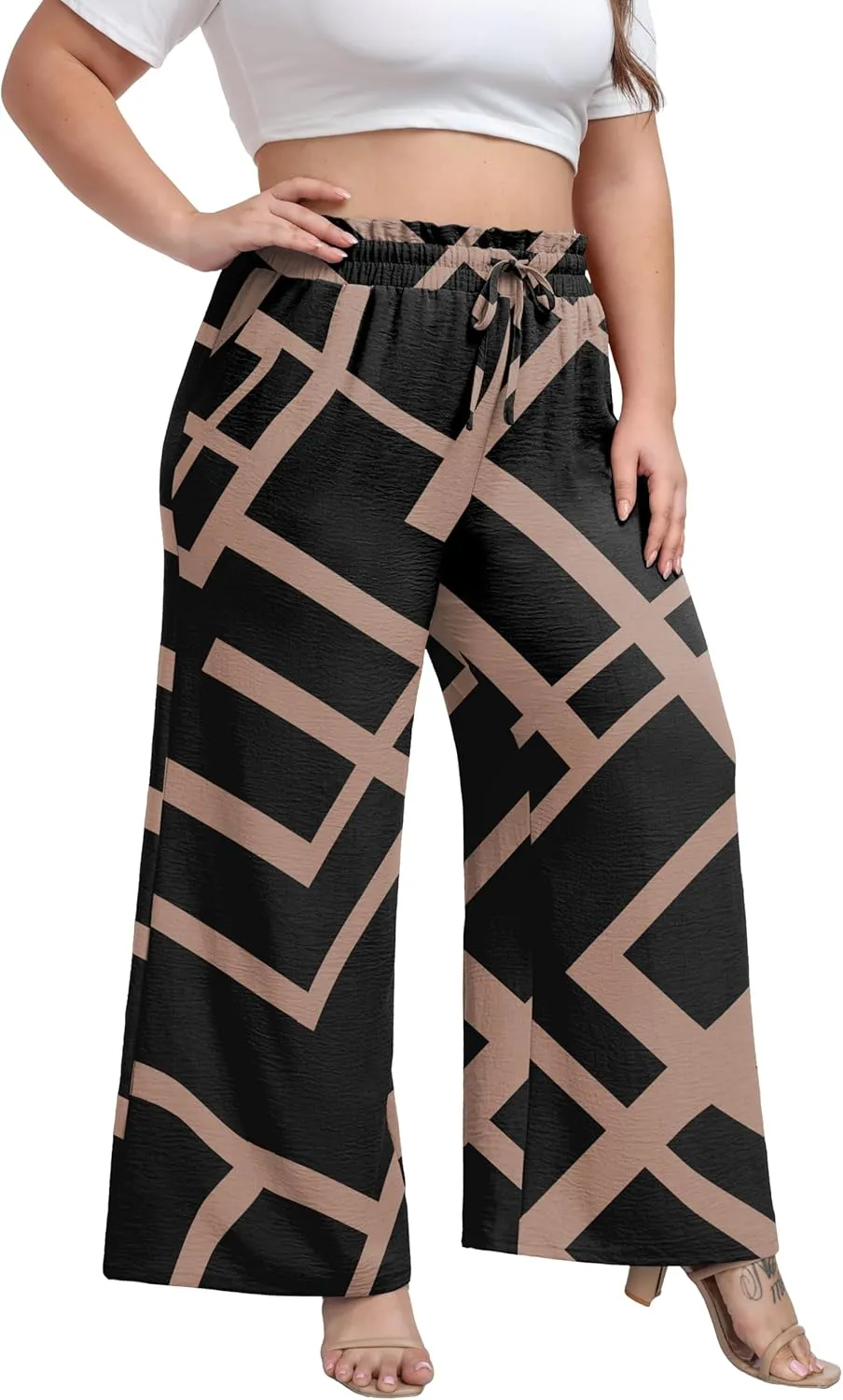 OLRIK Women's Plus Size Pants Self-Tie Belted High Waisted Wide Leg Pants Long Straight Palazzo Trousers with Pockets