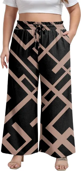 OLRIK Women's Plus Size Pants Self-Tie Belted High Waisted Wide Leg Pants Long Straight Palazzo Trousers with Pockets