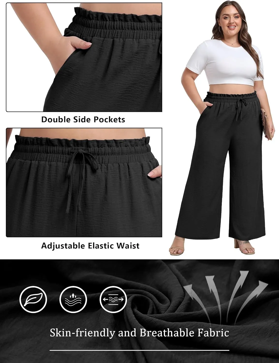 OLRIK Women's Plus Size Pants Self-Tie Belted High Waisted Wide Leg Pants Long Straight Palazzo Trousers with Pockets