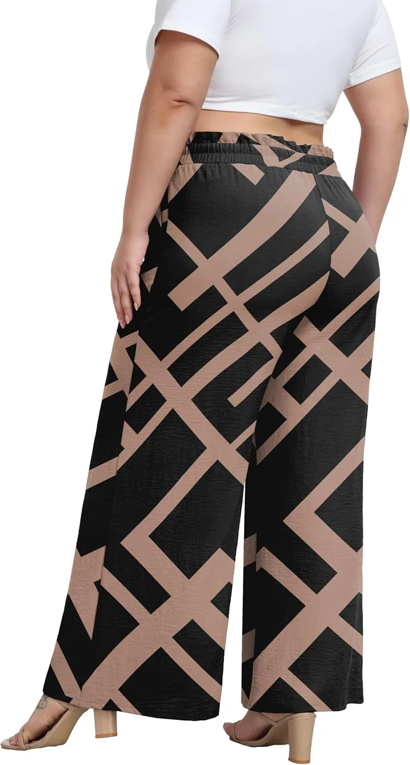 OLRIK Women's Plus Size Pants Self-Tie Belted High Waisted Wide Leg Pants Long Straight Palazzo Trousers with Pockets