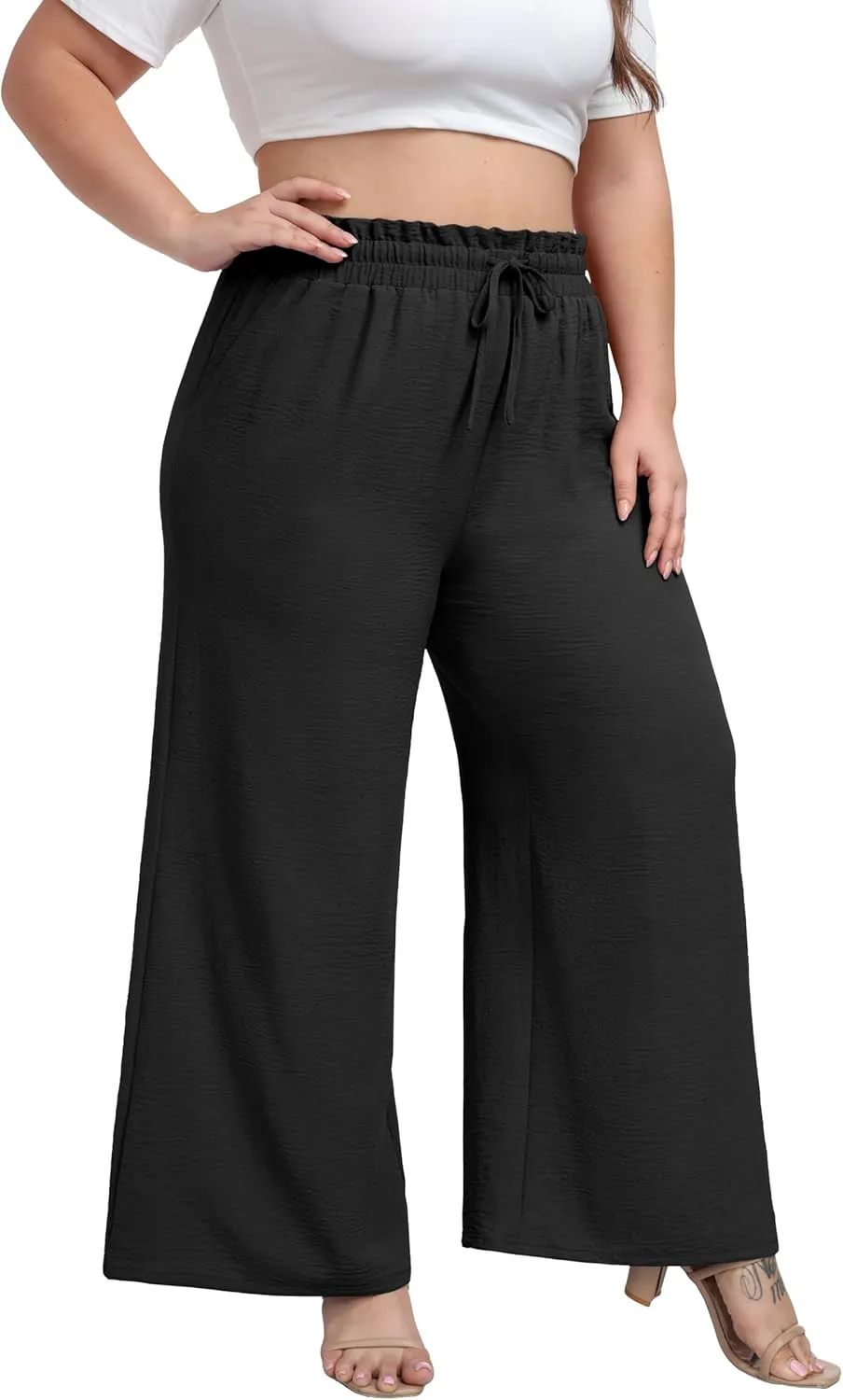 OLRIK Women's Plus Size Pants Self-Tie Belted High Waisted Wide Leg Pants Long Straight Palazzo Trousers with Pockets
