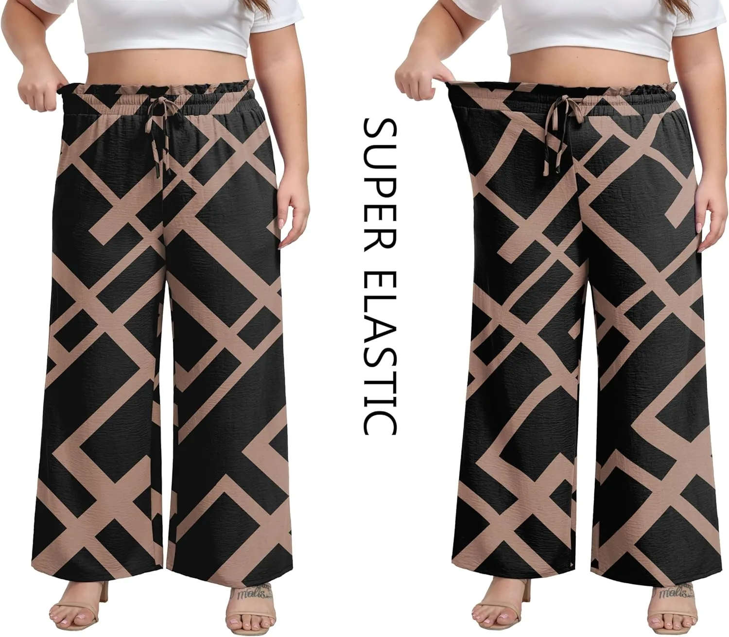 OLRIK Women's Plus Size Pants Self-Tie Belted High Waisted Wide Leg Pants Long Straight Palazzo Trousers with Pockets