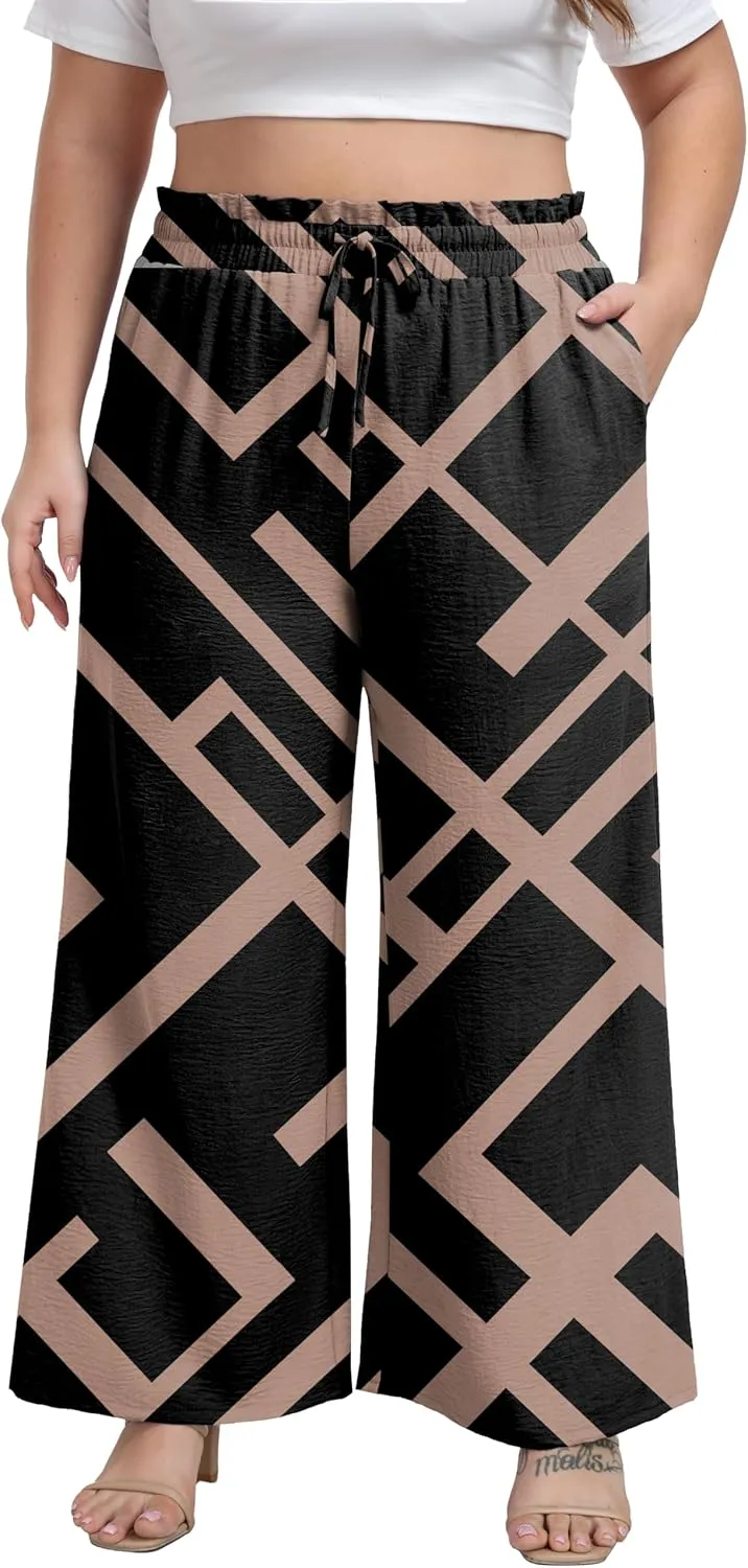 OLRIK Women's Plus Size Pants Self-Tie Belted High Waisted Wide Leg Pants Long Straight Palazzo Trousers with Pockets