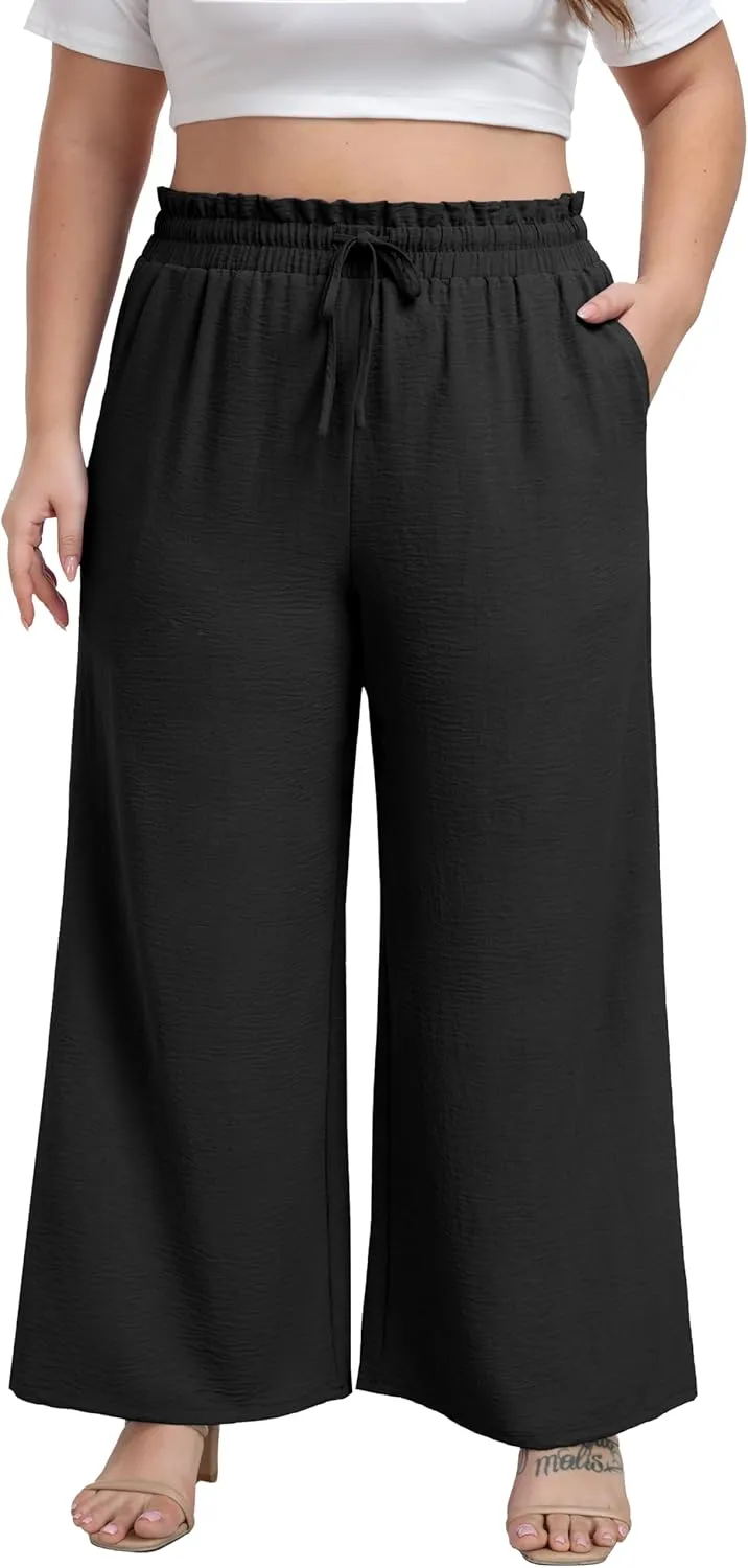 OLRIK Women's Plus Size Pants Self-Tie Belted High Waisted Wide Leg Pants Long Straight Palazzo Trousers with Pockets