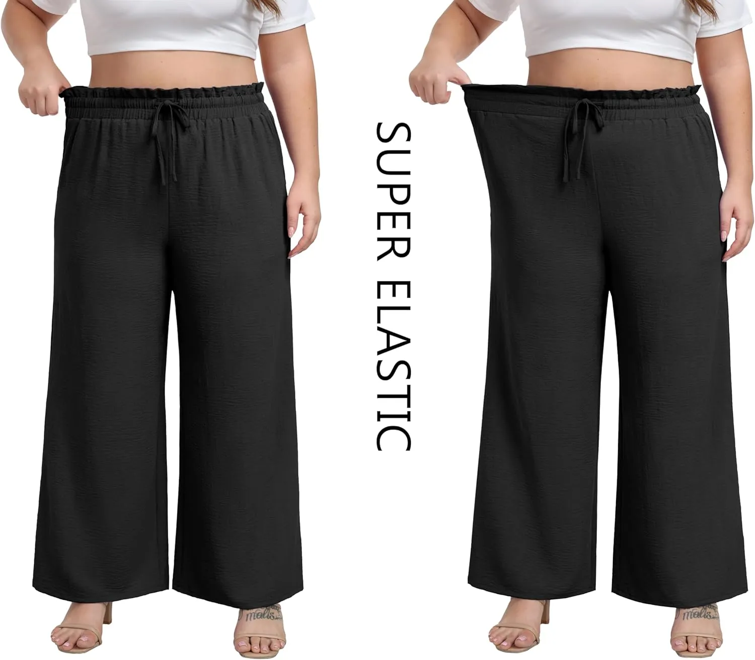 OLRIK Women's Plus Size Pants Self-Tie Belted High Waisted Wide Leg Pants Long Straight Palazzo Trousers with Pockets