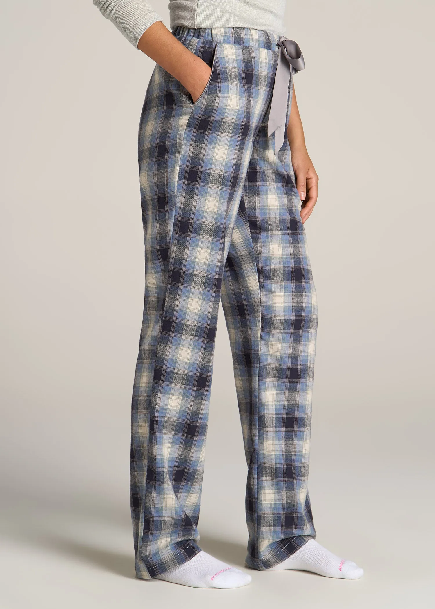 Open-Bottom Flannel Women's Tall Pajama Pants in Blue and Grey Weave