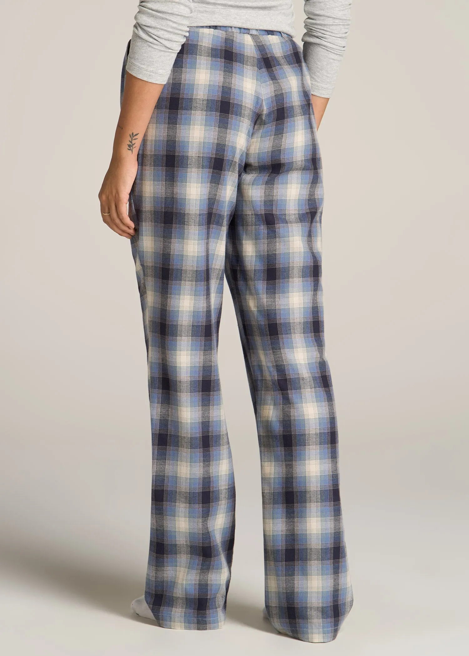 Open-Bottom Flannel Women's Tall Pajama Pants in Blue and Grey Weave