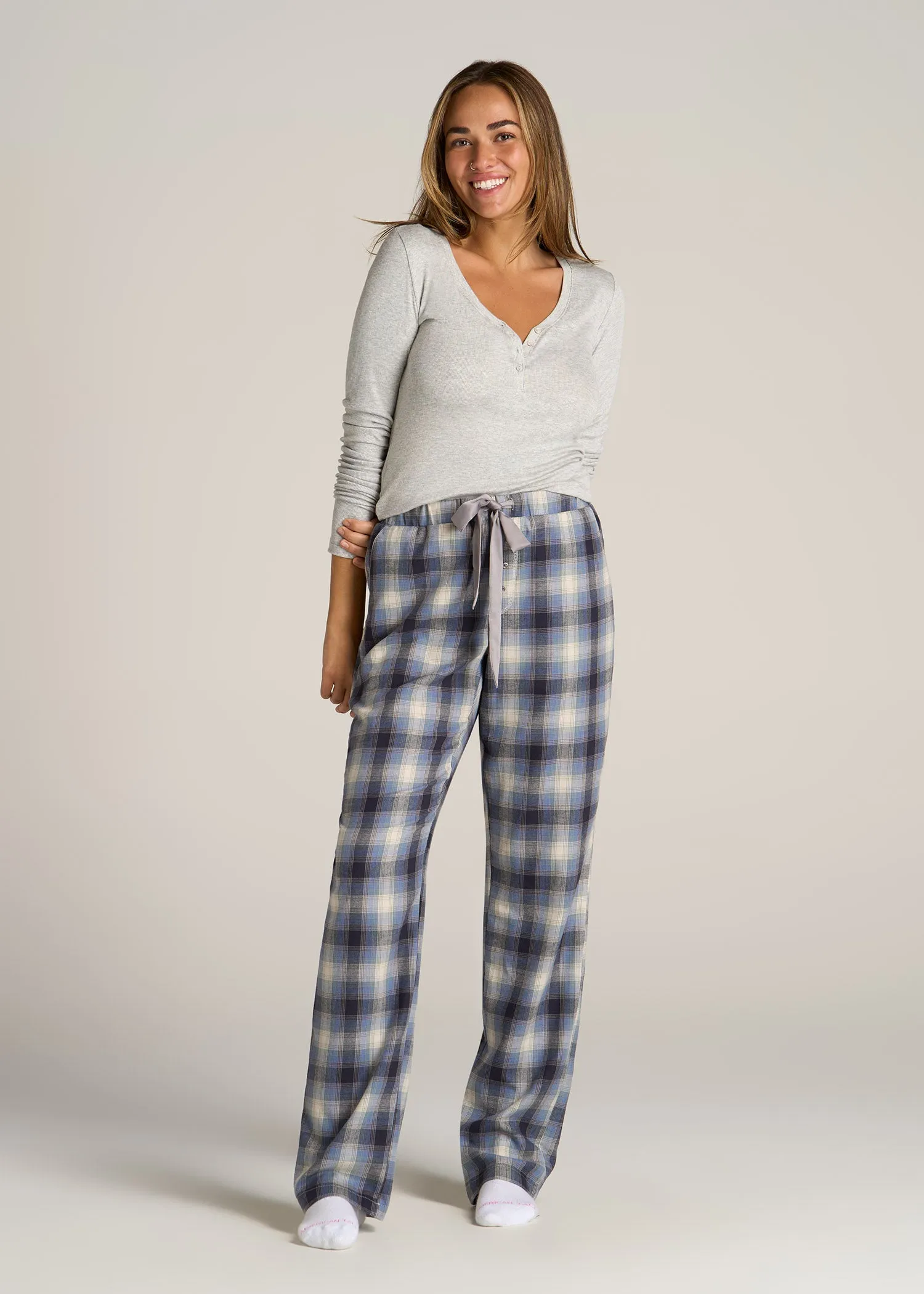 Open-Bottom Flannel Women's Tall Pajama Pants in Blue and Grey Weave