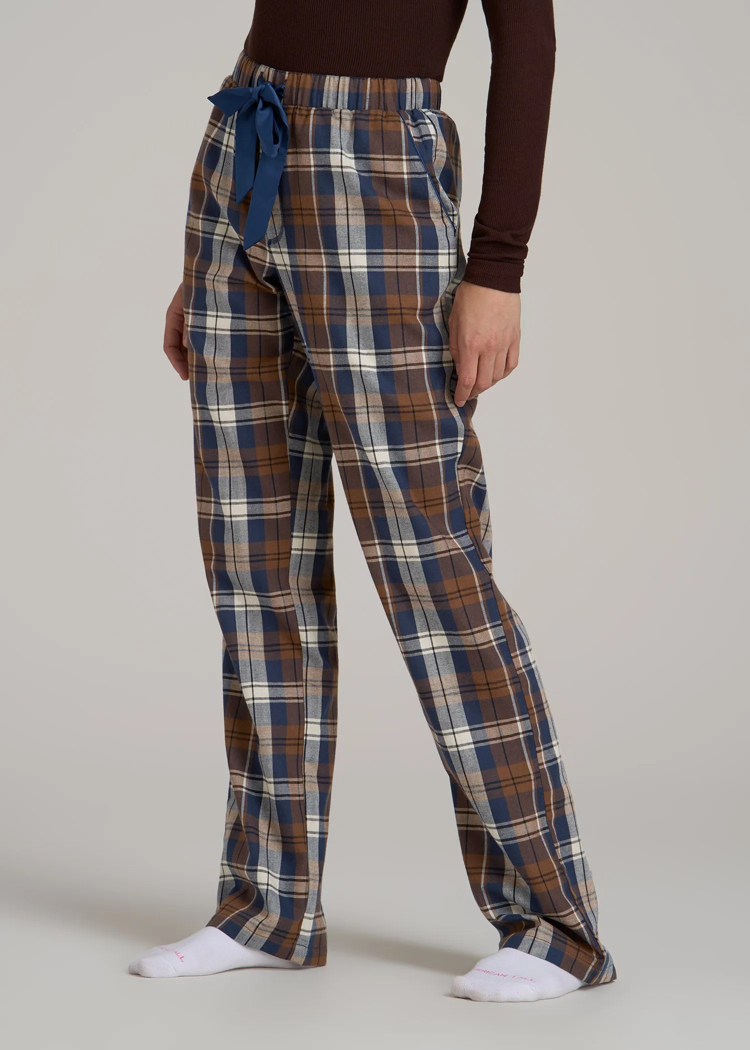 Open-Bottom Flannel Women's Tall Pajama Pants in Brown Blue Plaid