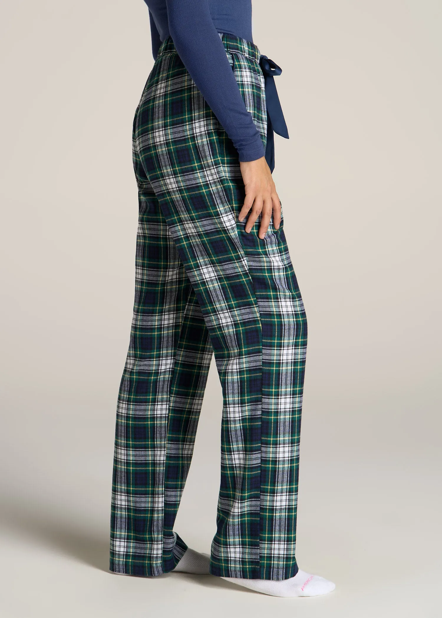 Open-Bottom Flannel Women's Tall Pajama Pants in Green and Navy Tartan
