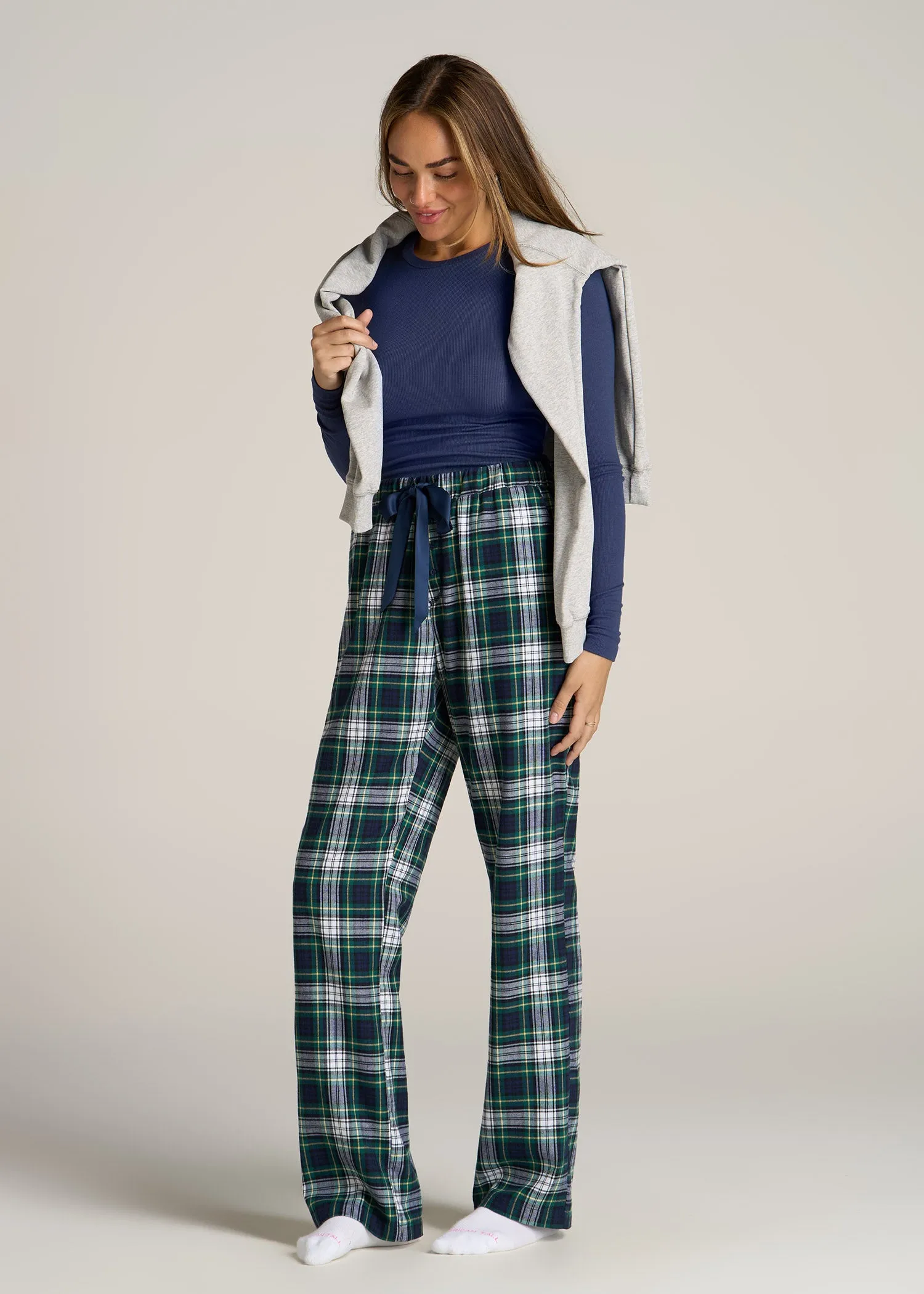 Open-Bottom Flannel Women's Tall Pajama Pants in Green and Navy Tartan