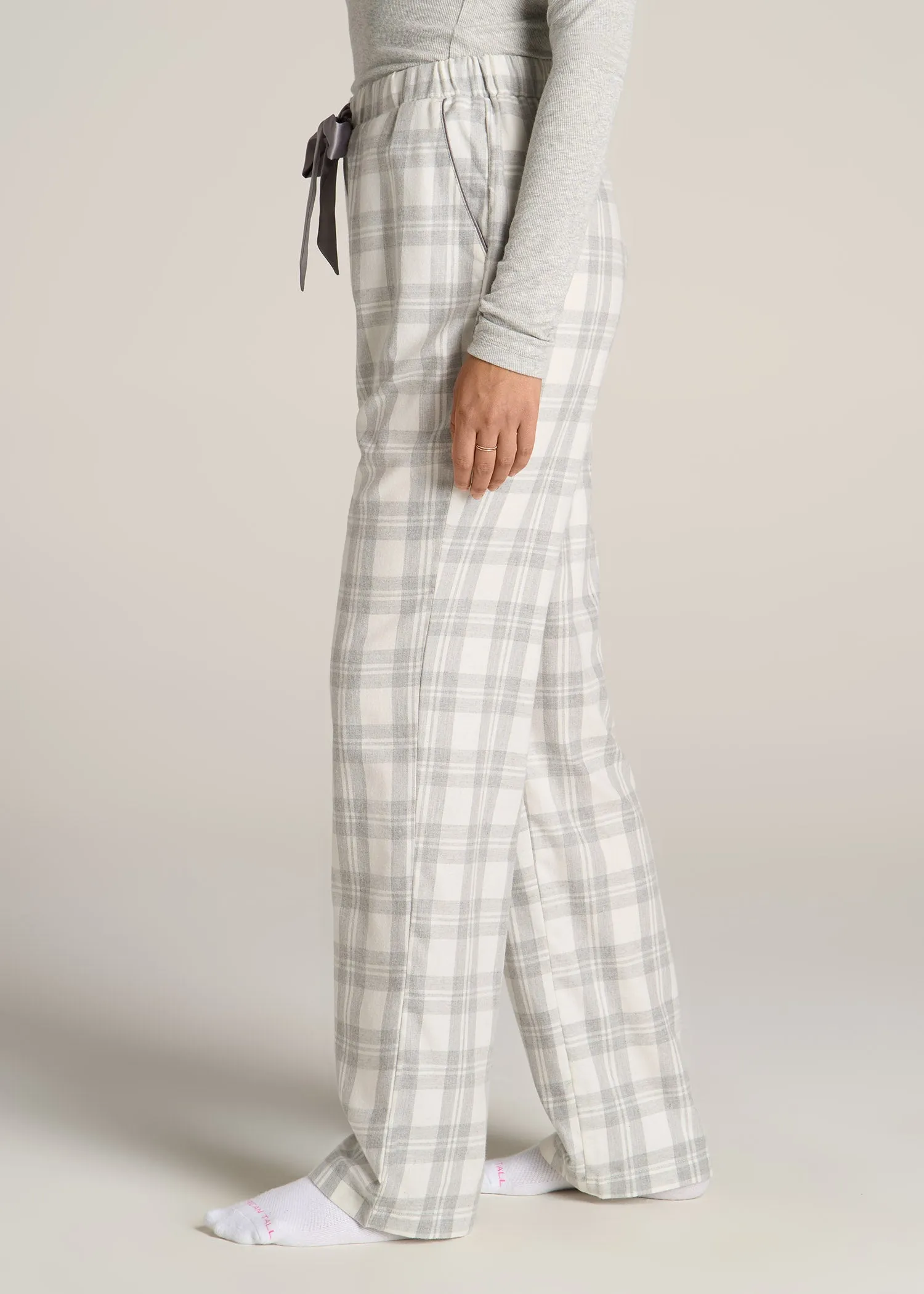 Open-Bottom Flannel Women's Tall Pajama Pants in Heather Grey and White Plaid