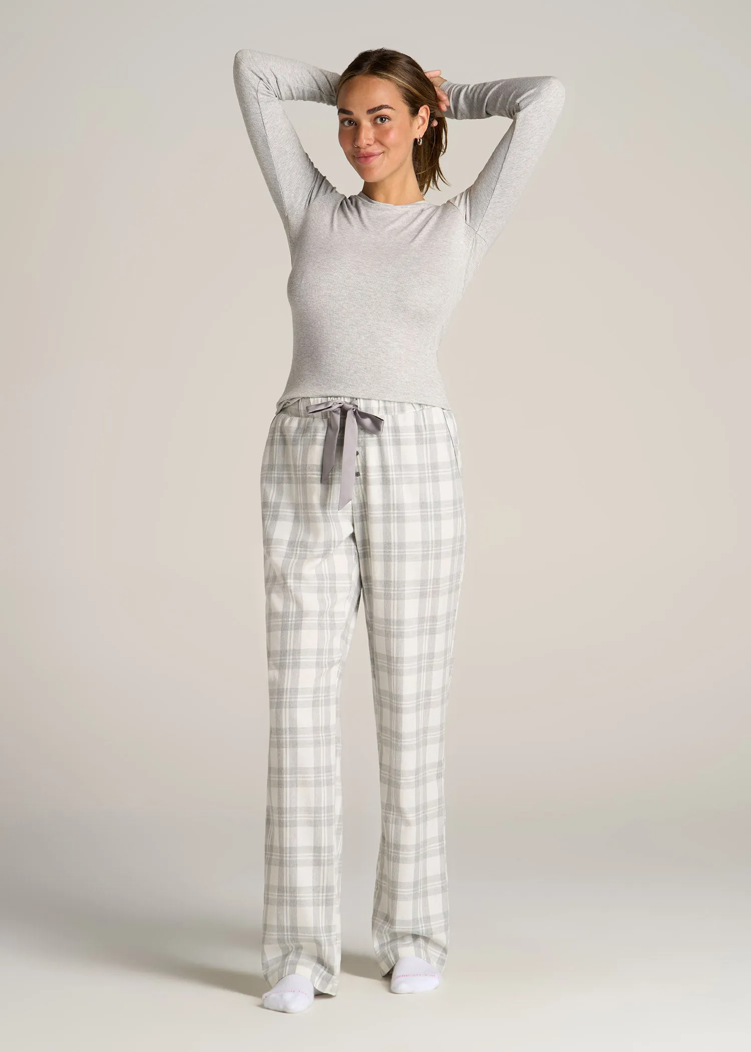 Open-Bottom Flannel Women's Tall Pajama Pants in Heather Grey and White Plaid
