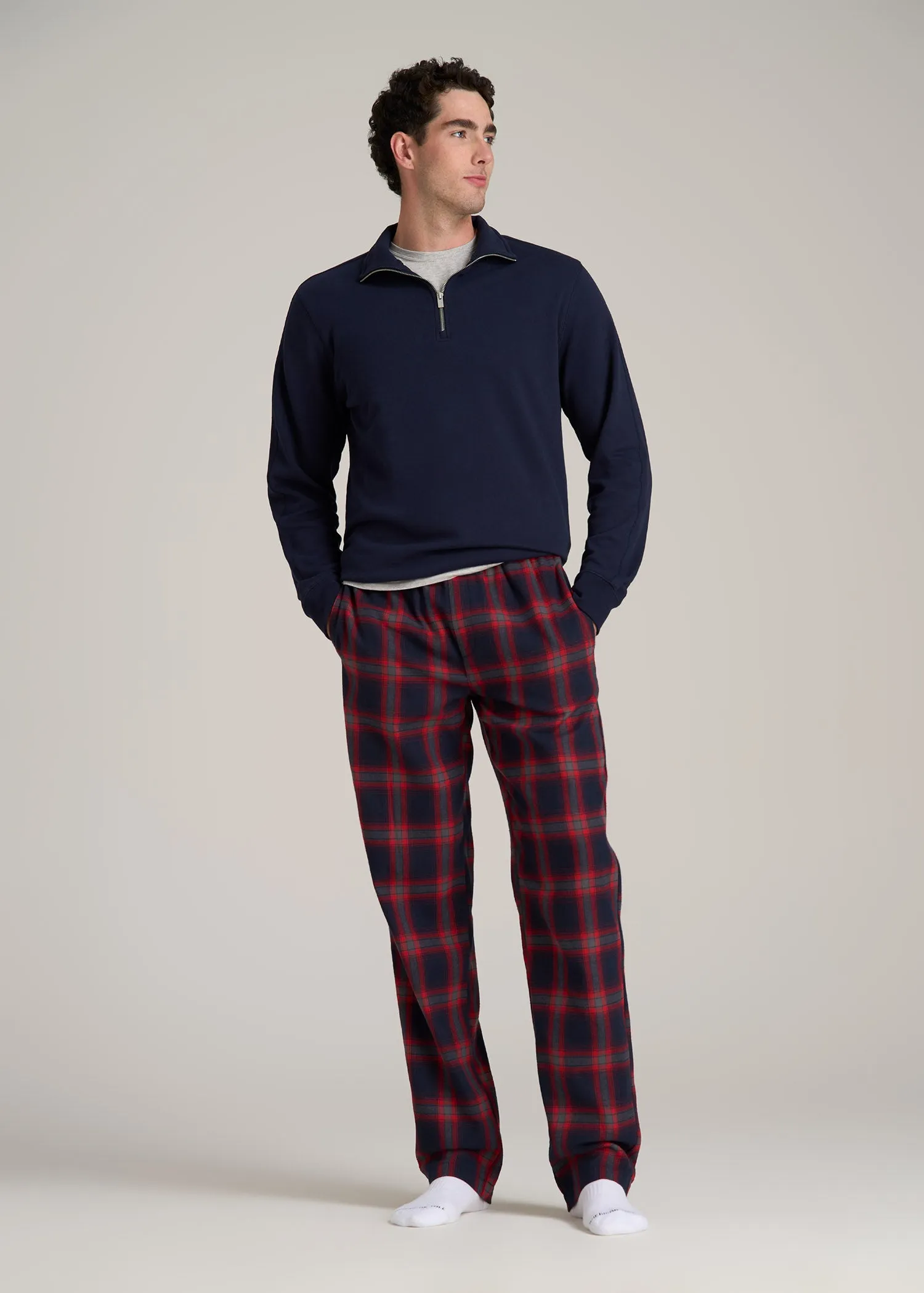 Plaid Pajama Pants for Tall Men in Grey and Red Tartan