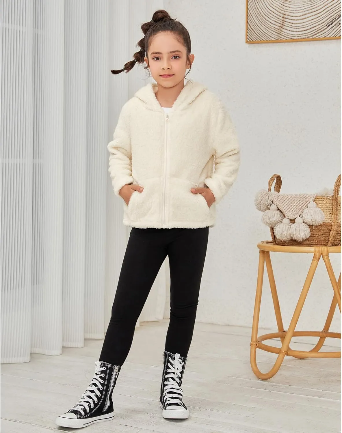 QPANCY Girls Fuzzy Sherpa Coat Full Zip Hoodie Fleece Jacket with Pockets Fall Winter Outwear