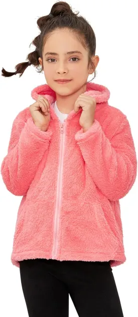 QPANCY Girls Fuzzy Sherpa Coat Full Zip Hoodie Fleece Jacket with Pockets Fall Winter Outwear