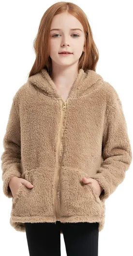 QPANCY Girls Fuzzy Sherpa Coat Full Zip Hoodie Fleece Jacket with Pockets Fall Winter Outwear