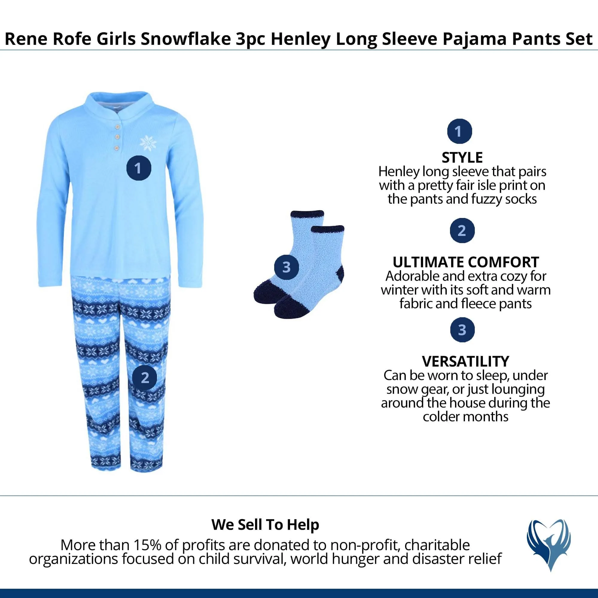 Rene Rofe Girls Snowflake 3pc Henley Long Sleeve Pajama Pants Set