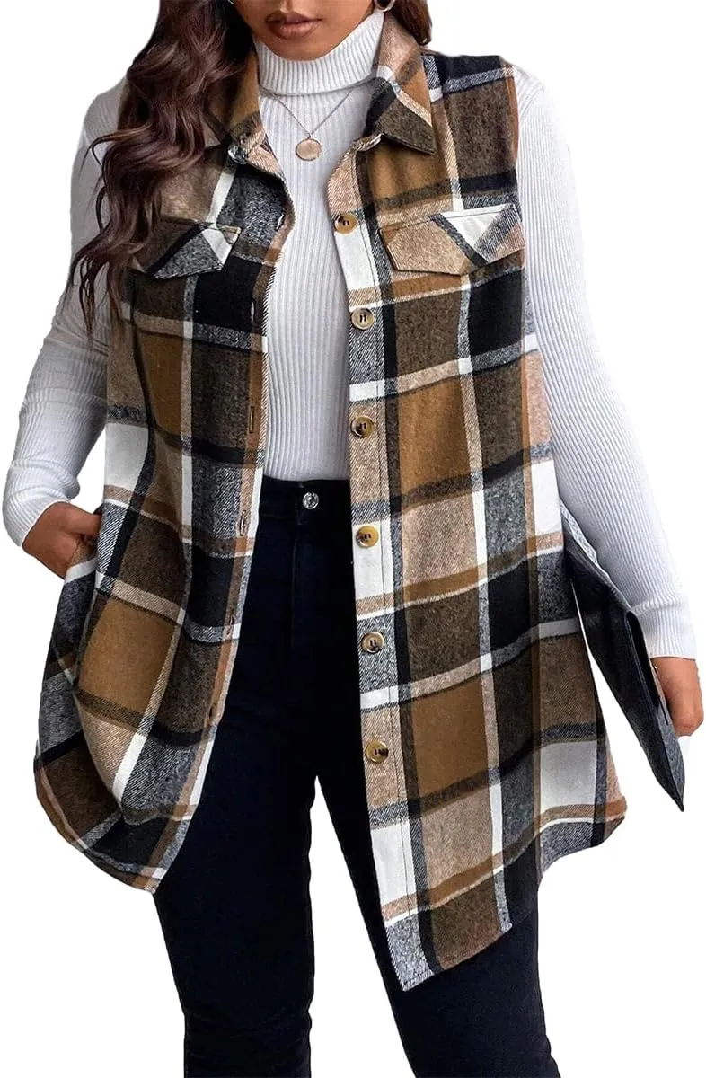 Sleeveless Flannel Vest for Women-Warm Plaid Vest,Button Front Fall Winter Waistcoat,Casual with Pockets(S-XXL