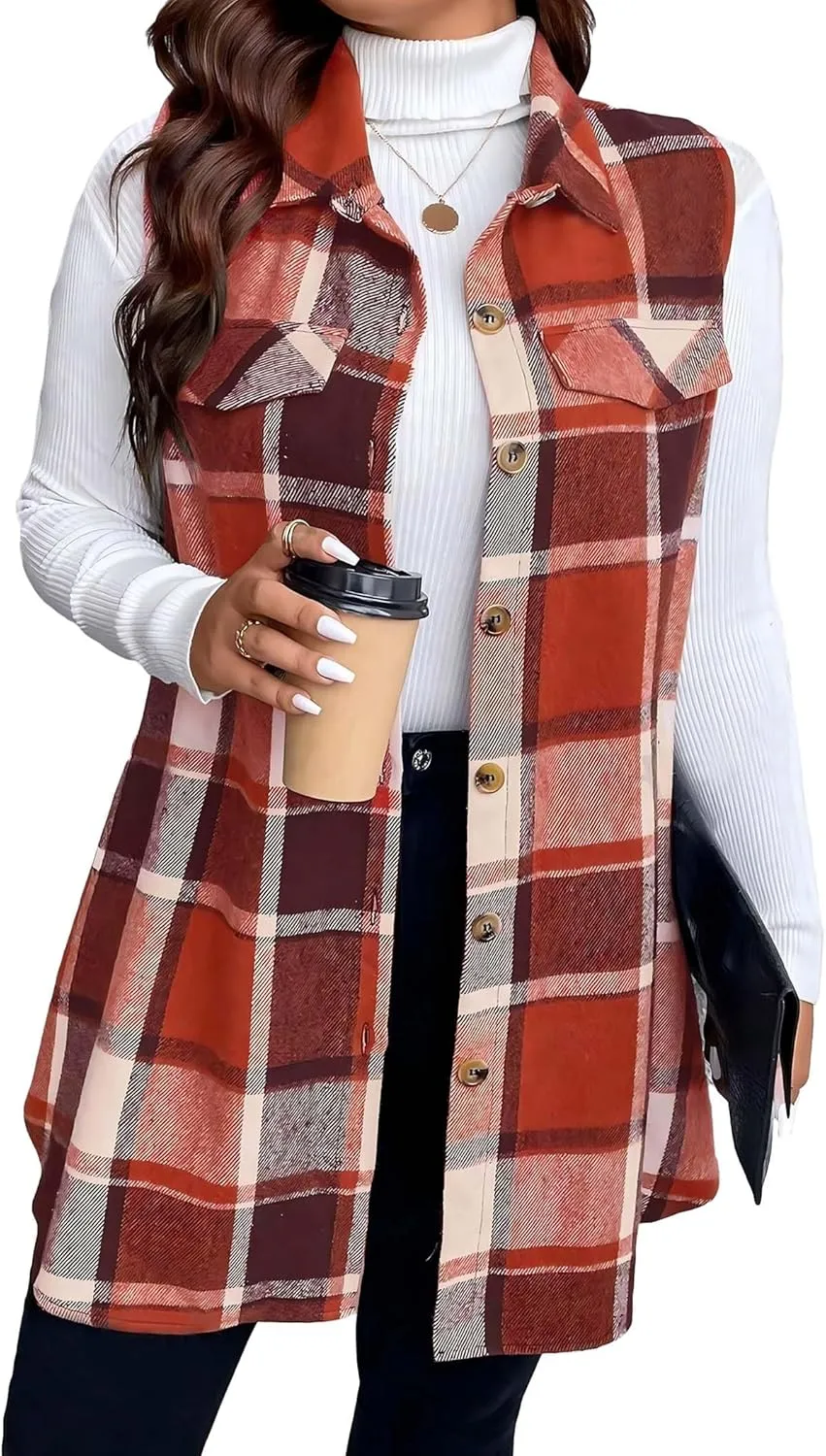 Sleeveless Flannel Vest for Women-Warm Plaid Vest,Button Front Fall Winter Waistcoat,Casual with Pockets(S-XXL