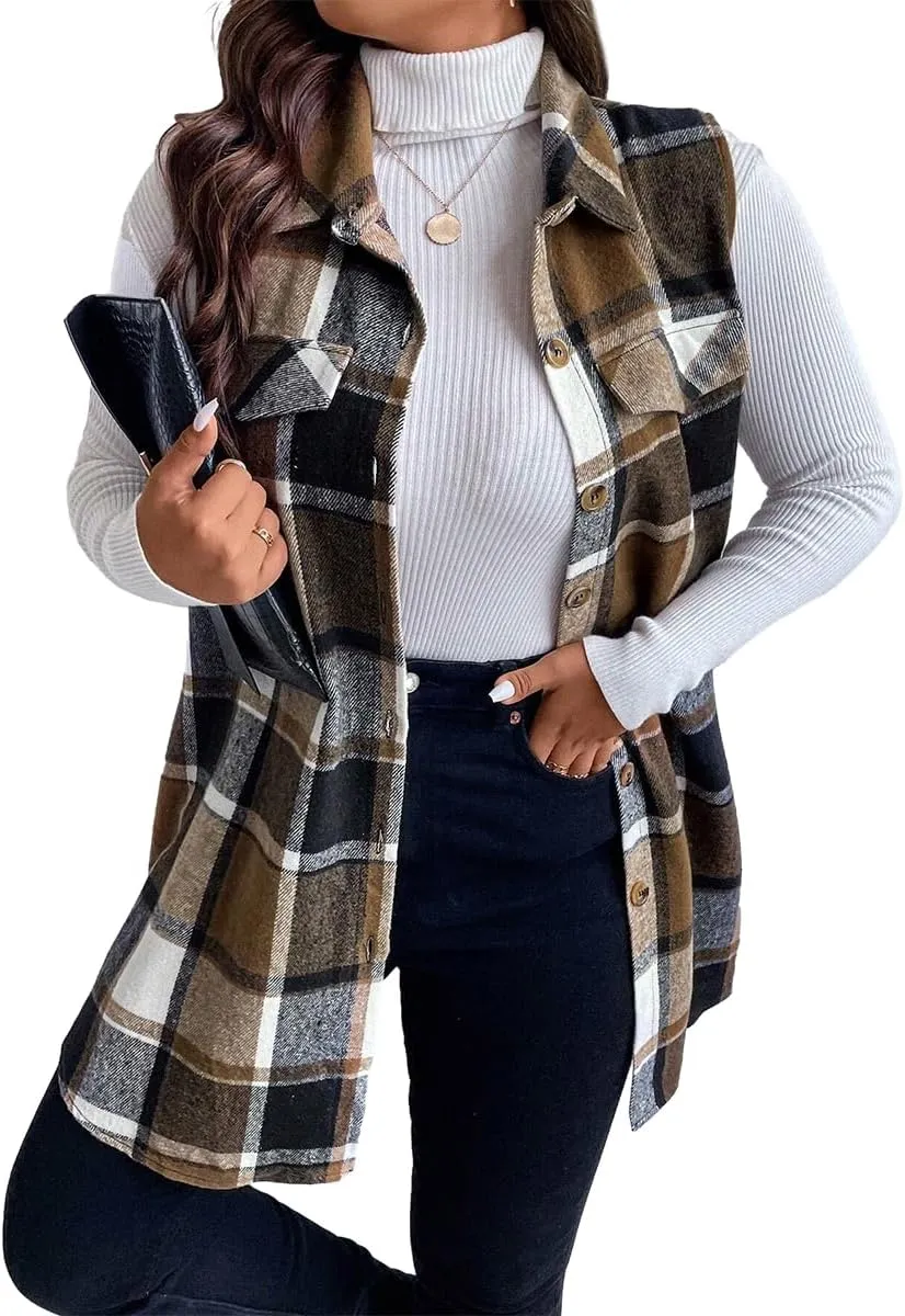 Sleeveless Flannel Vest for Women-Warm Plaid Vest,Button Front Fall Winter Waistcoat,Casual with Pockets(S-XXL