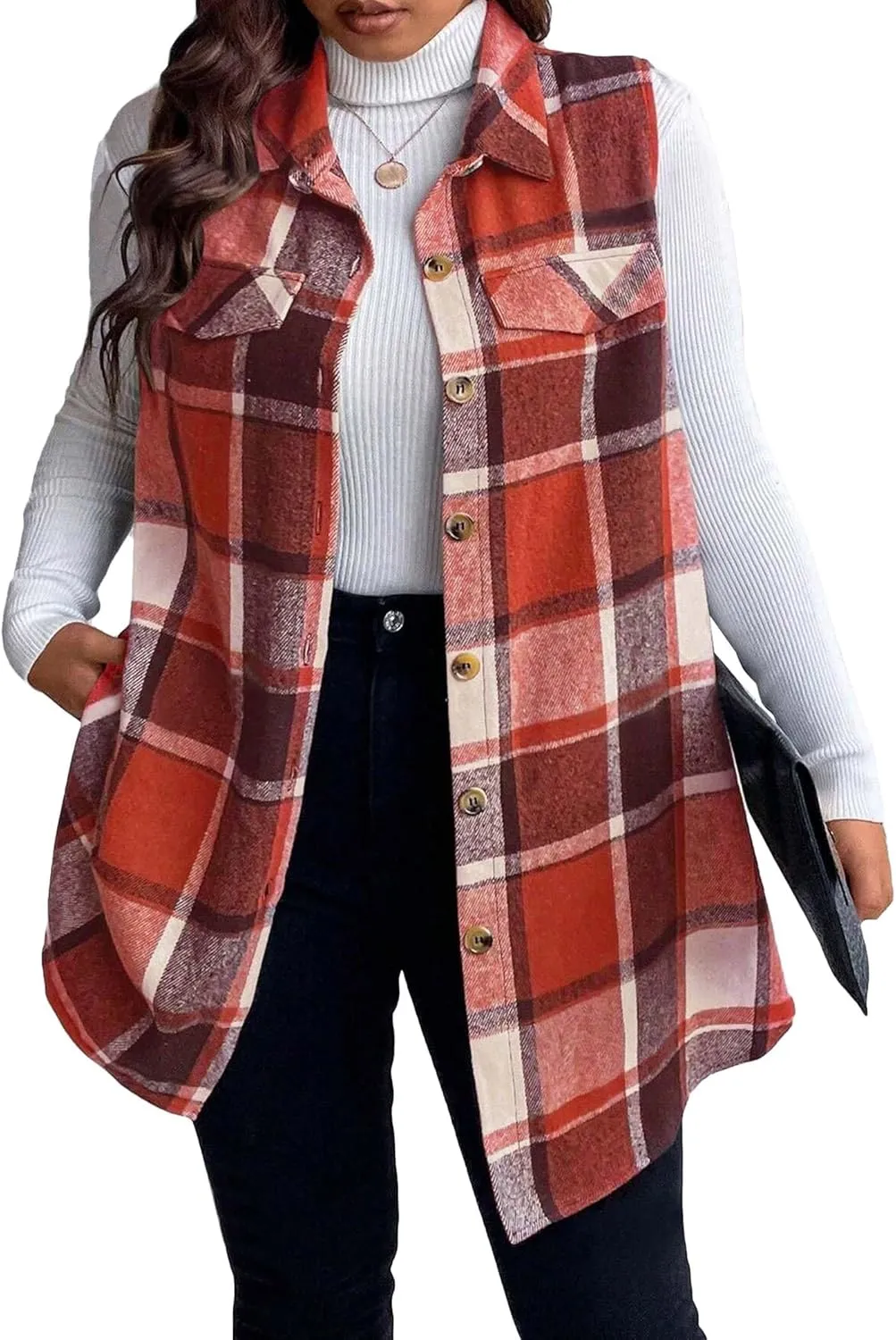 Sleeveless Flannel Vest for Women-Warm Plaid Vest,Button Front Fall Winter Waistcoat,Casual with Pockets(S-XXL
