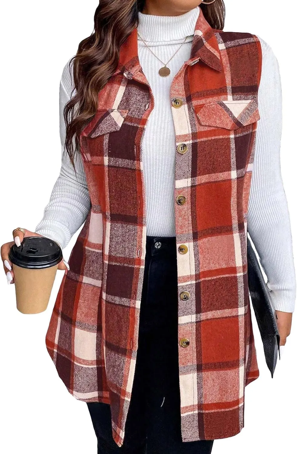 Sleeveless Flannel Vest for Women-Warm Plaid Vest,Button Front Fall Winter Waistcoat,Casual with Pockets(S-XXL
