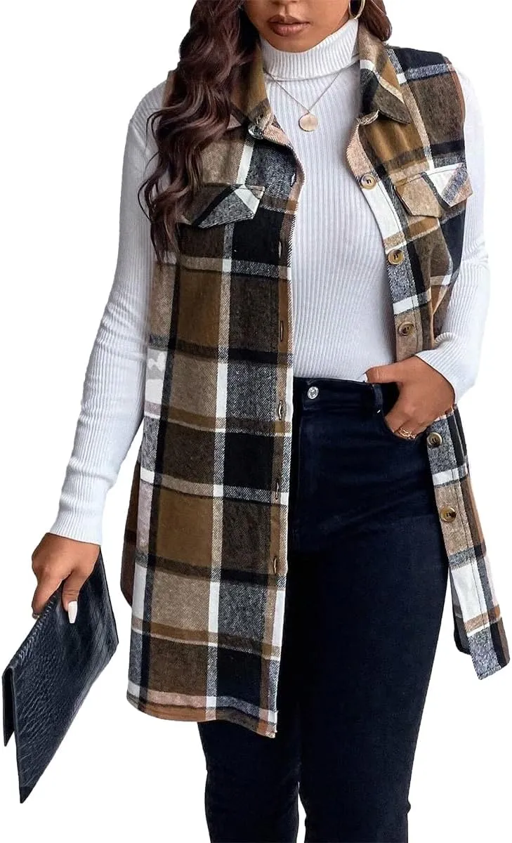 Sleeveless Flannel Vest for Women-Warm Plaid Vest,Button Front Fall Winter Waistcoat,Casual with Pockets(S-XXL