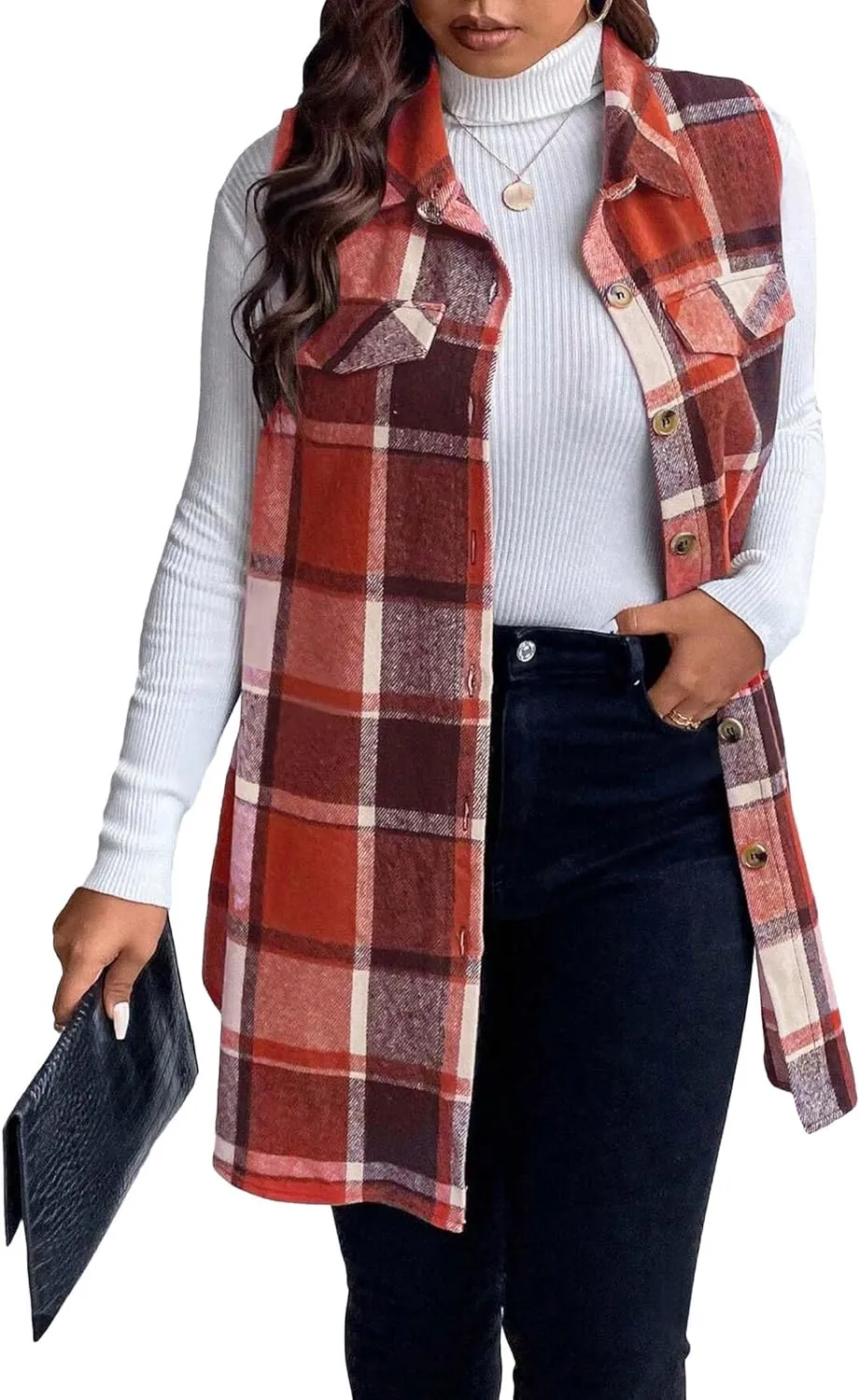 Sleeveless Flannel Vest for Women-Warm Plaid Vest,Button Front Fall Winter Waistcoat,Casual with Pockets(S-XXL