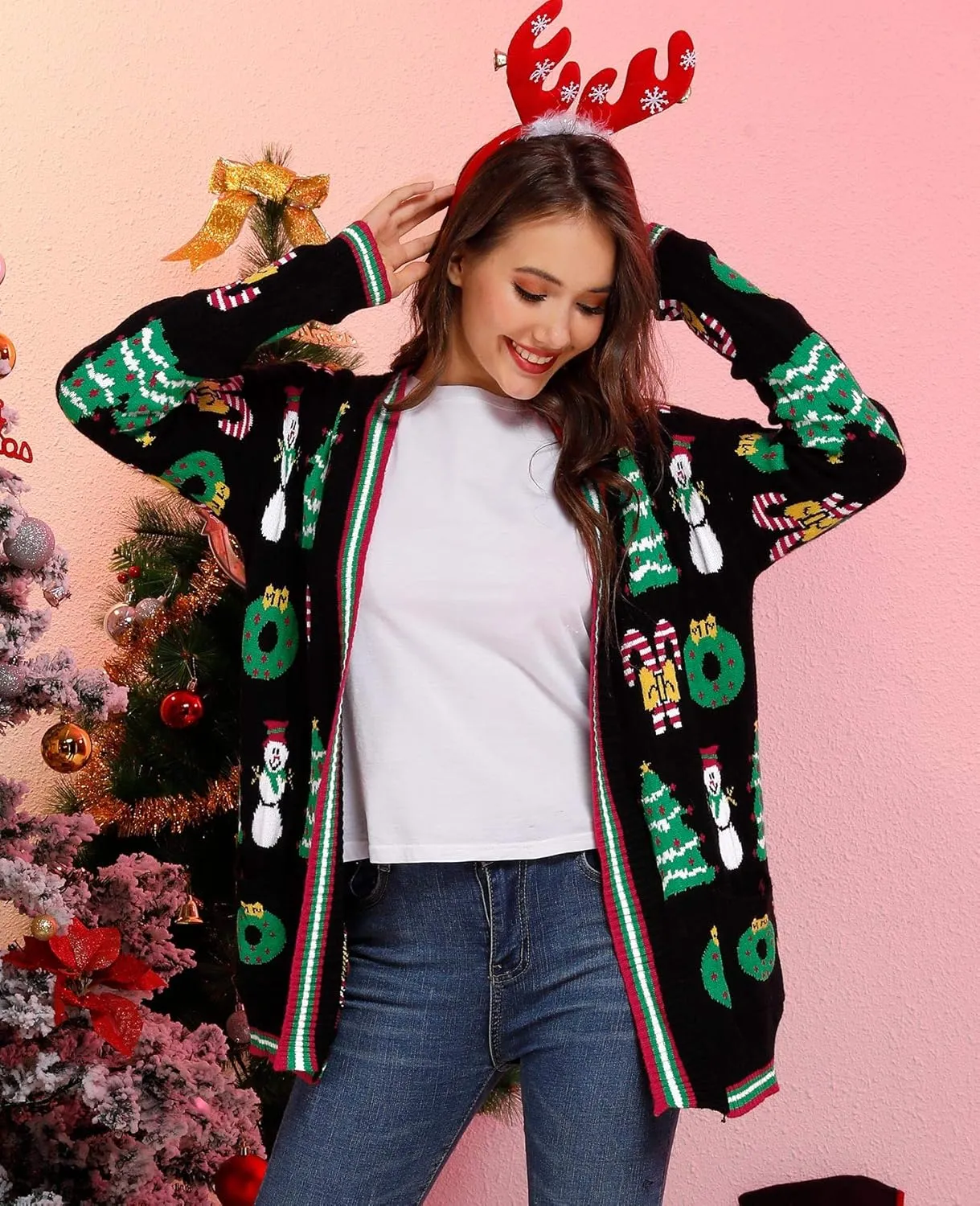 Spadehill Women's Christmas Ugly Cardigan Knit Open Front Sweater with Pockets
