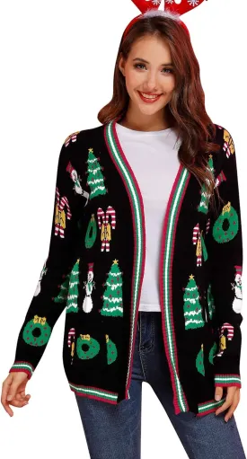 Spadehill Women's Christmas Ugly Cardigan Knit Open Front Sweater with Pockets