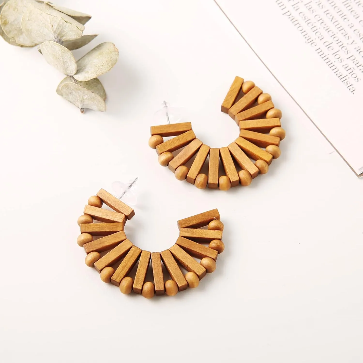 STWTR Women's Natural Wood Earrings Variety of Fashion Earrings Love Minimalist Retro Earring Set Natural Wood Hollow Round Earrings Arc