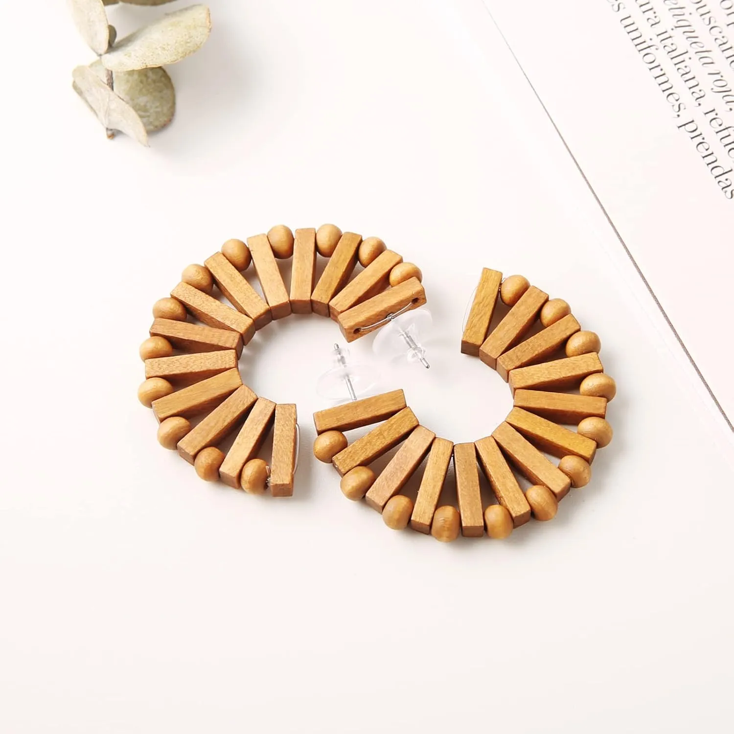 STWTR Women's Natural Wood Earrings Variety of Fashion Earrings Love Minimalist Retro Earring Set Natural Wood Hollow Round Earrings Arc