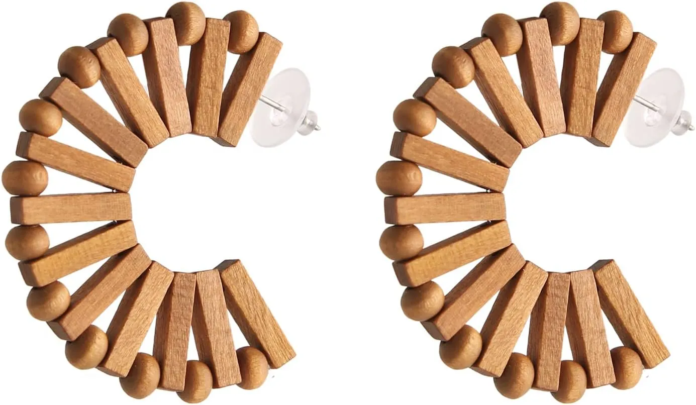STWTR Women's Natural Wood Earrings Variety of Fashion Earrings Love Minimalist Retro Earring Set Natural Wood Hollow Round Earrings Arc
