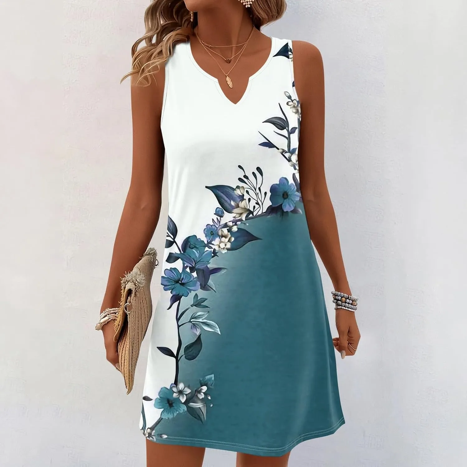 Summer Dresses for Women V-Neck Sundresses Sleeveless Loose Sleep Dress Beach Tank Dress Floral Casual T Shirt Dresses