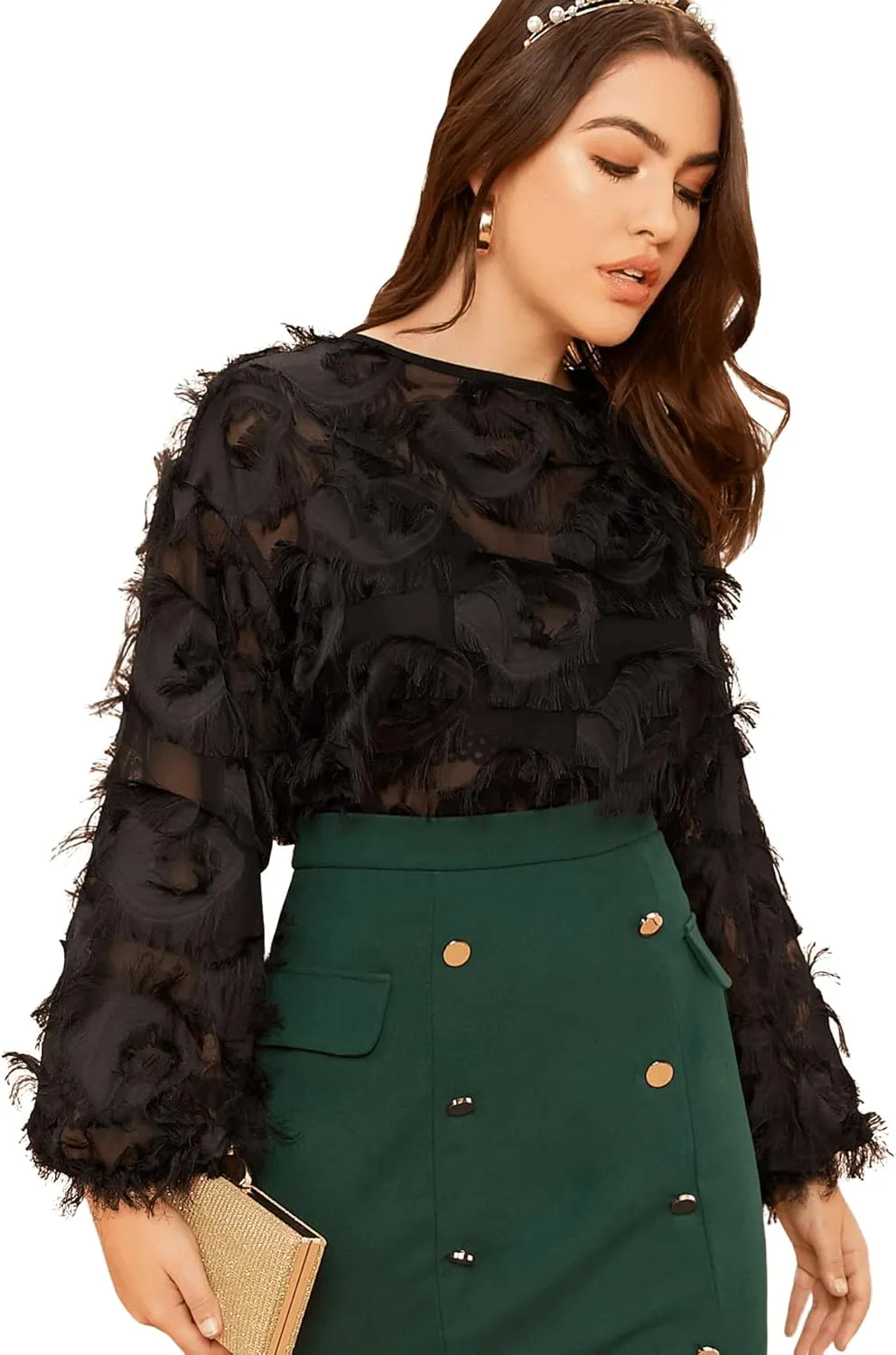 SweatyRocks Women's Plus Size Fringe Long Bishop Sleeve Boat Neck Sheer Blouse Drop Shoulder Elegant Top