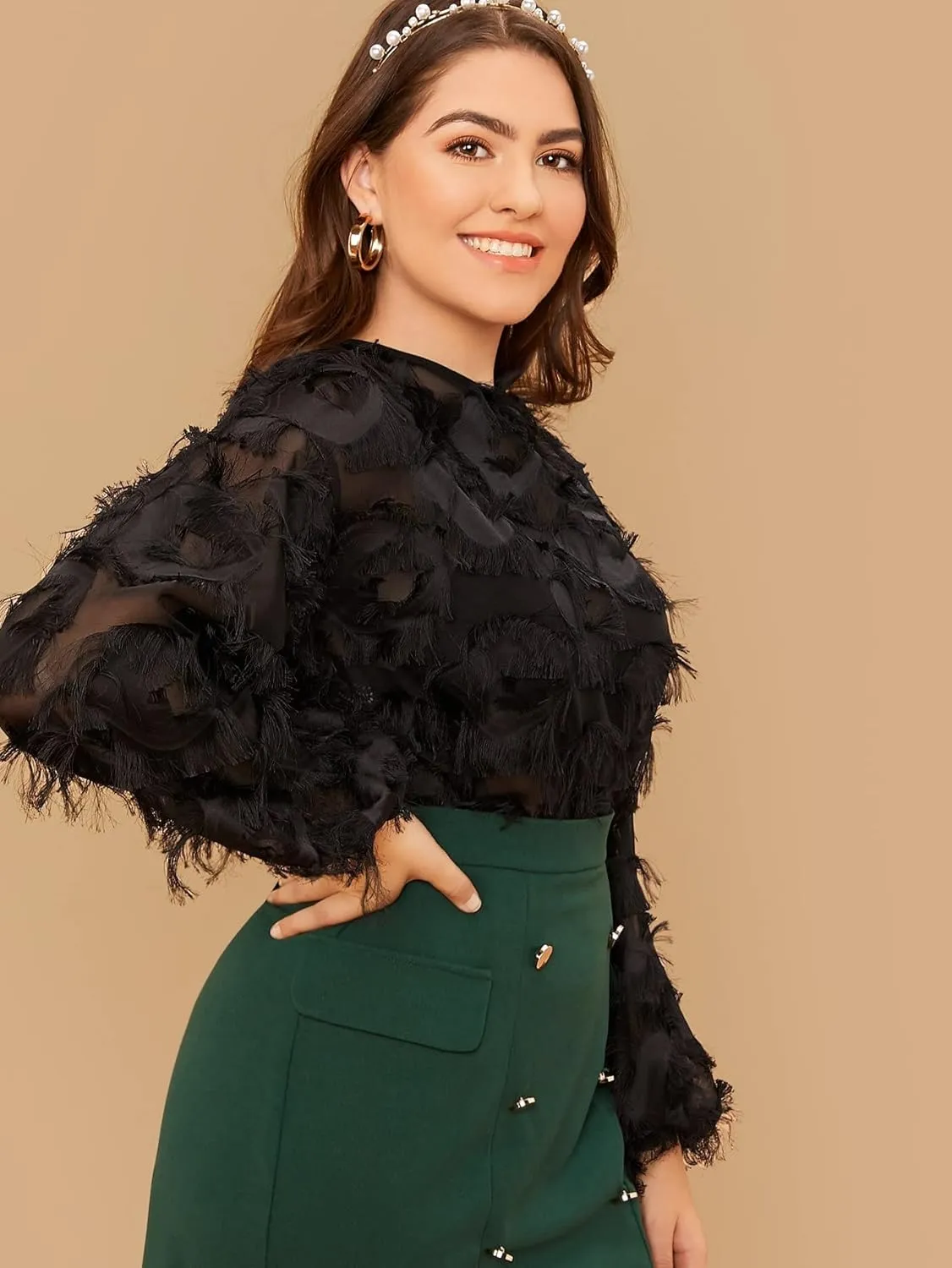 SweatyRocks Women's Plus Size Fringe Long Bishop Sleeve Boat Neck Sheer Blouse Drop Shoulder Elegant Top