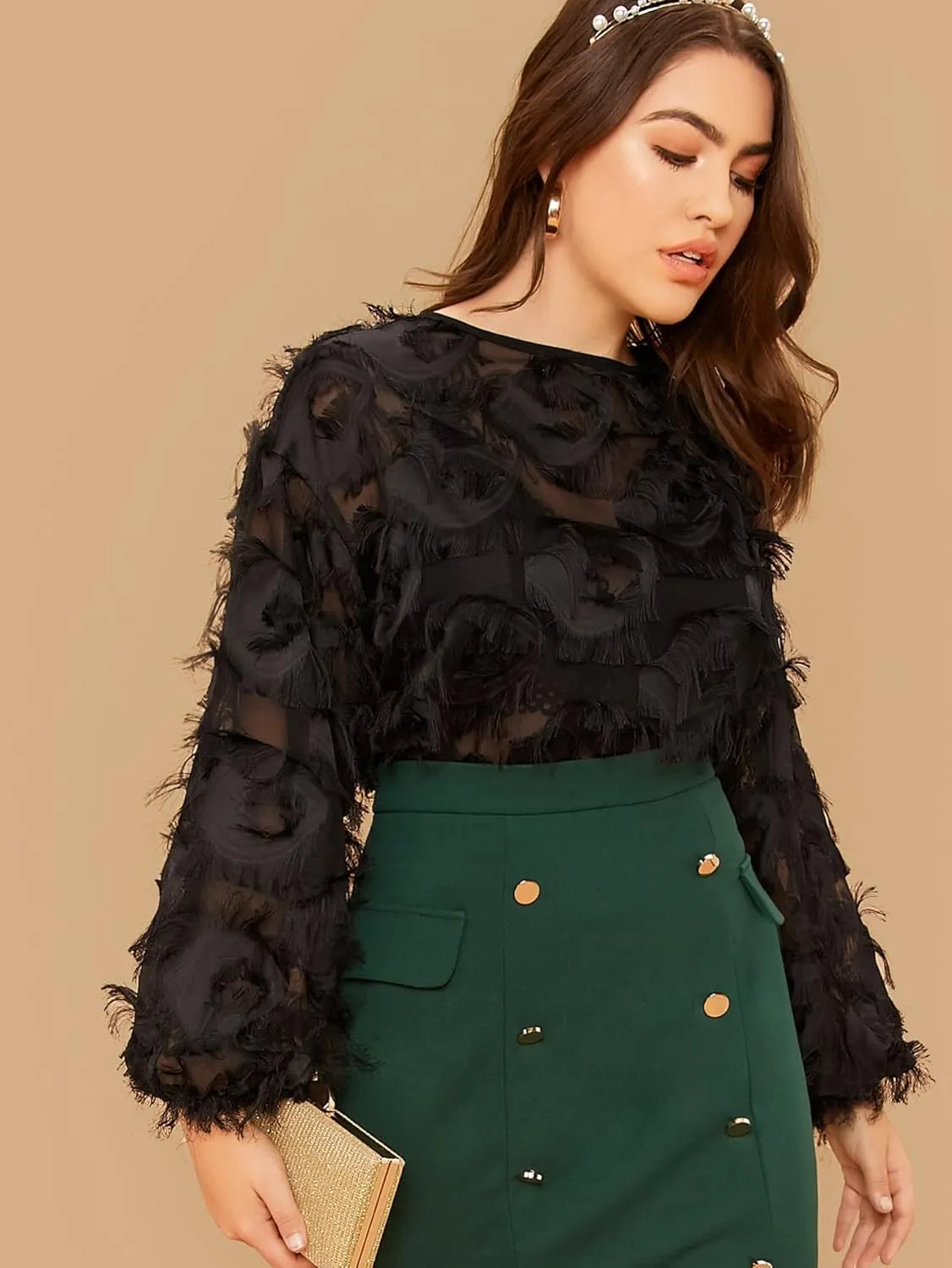 SweatyRocks Women's Plus Size Fringe Long Bishop Sleeve Boat Neck Sheer Blouse Drop Shoulder Elegant Top