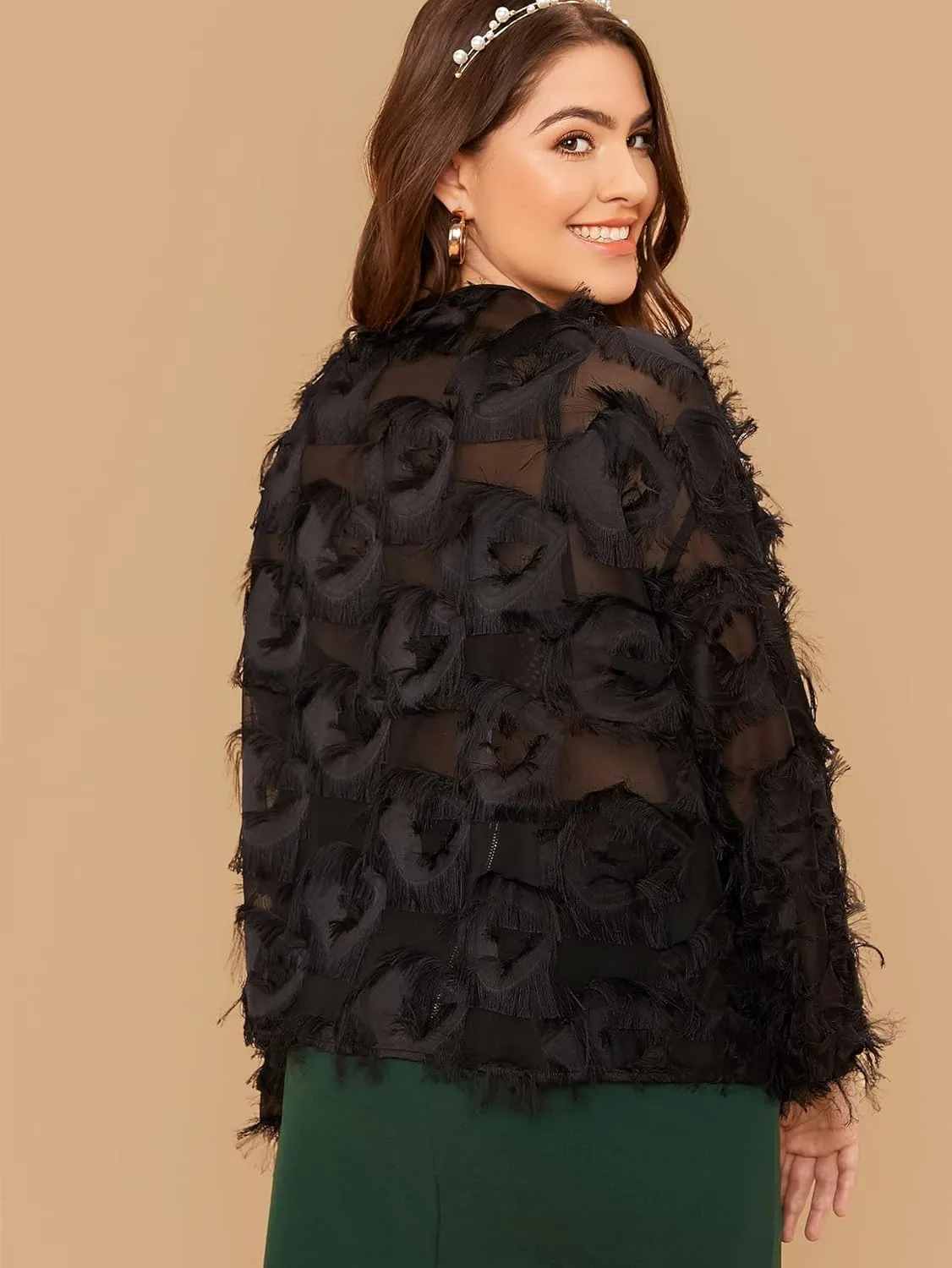 SweatyRocks Women's Plus Size Fringe Long Bishop Sleeve Boat Neck Sheer Blouse Drop Shoulder Elegant Top