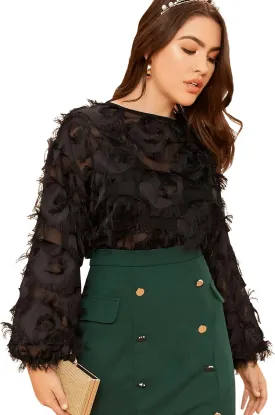 SweatyRocks Women's Plus Size Fringe Long Bishop Sleeve Boat Neck Sheer Blouse Drop Shoulder Elegant Top
