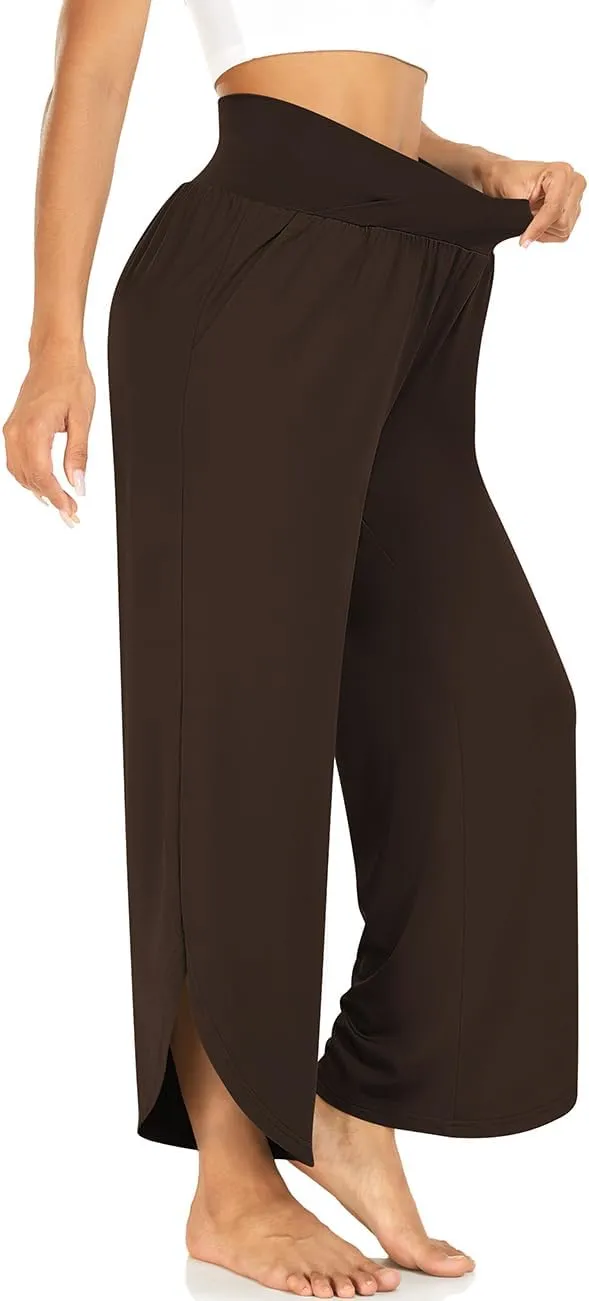 TARSE Wide Leg Pants for Women Cross High Waisted Yoga Pants Casual Lounge Joggers Loose fit Pajama Bottoms with Pockets